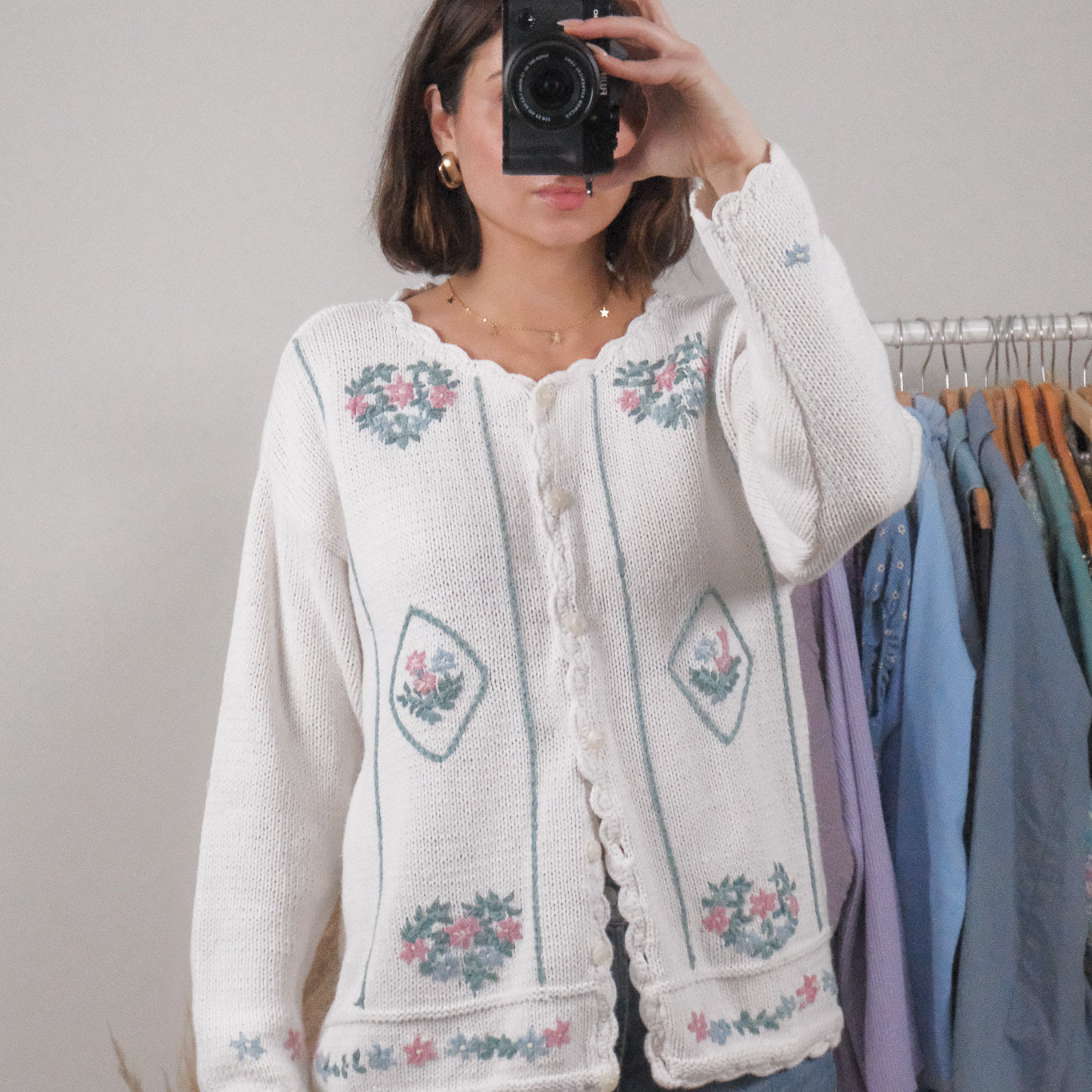 Vintage x Knit by Hand Cotton Floral Embroidered Cardigan (L)