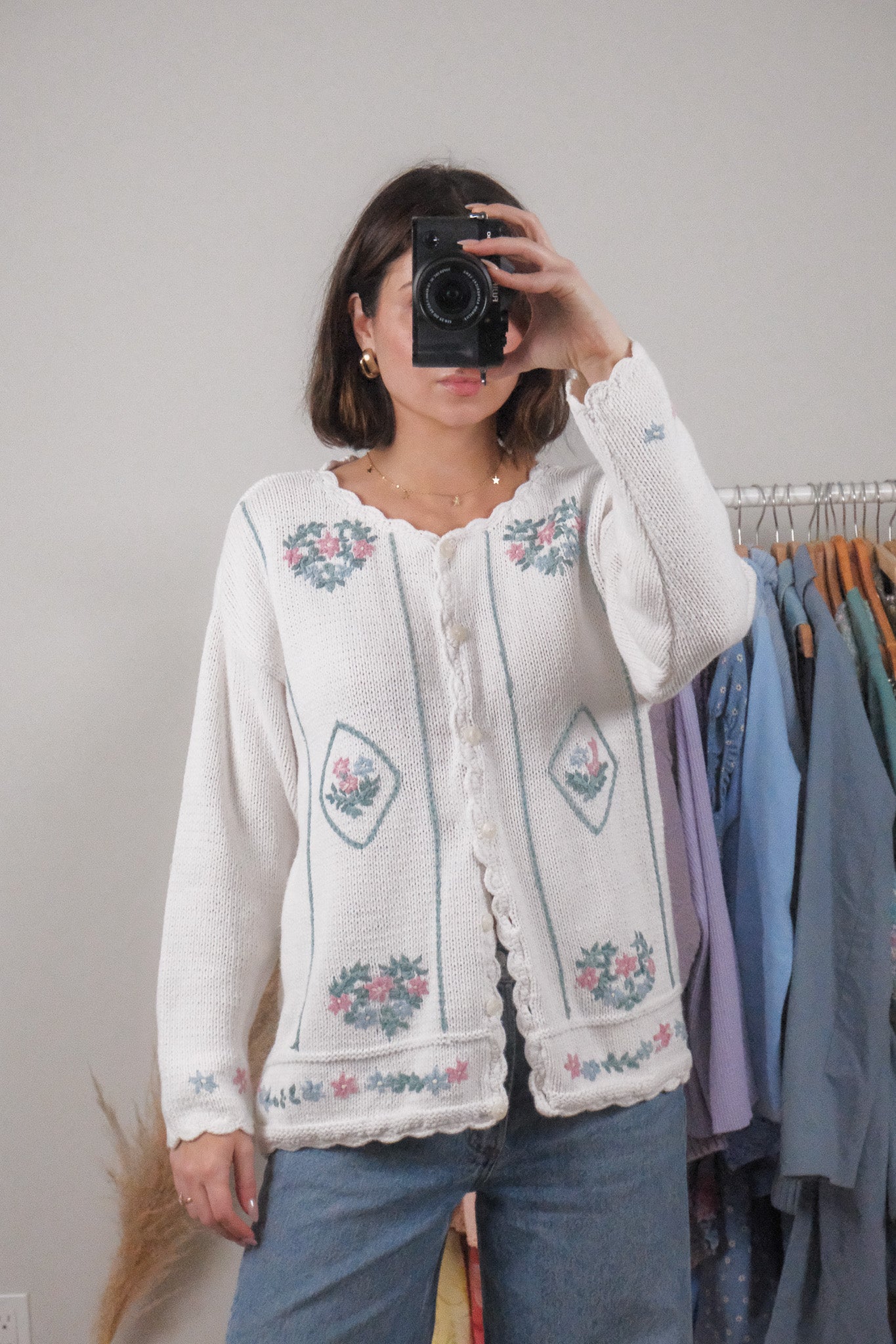 Vintage x Knit by Hand Cotton Floral Embroidered Cardigan (L)