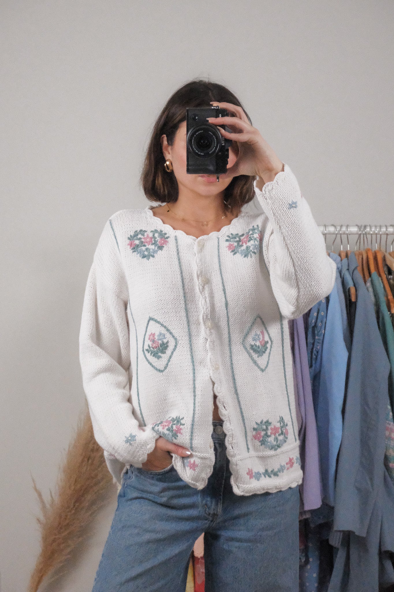 Vintage x Knit by Hand Cotton Floral Embroidered Cardigan (L)