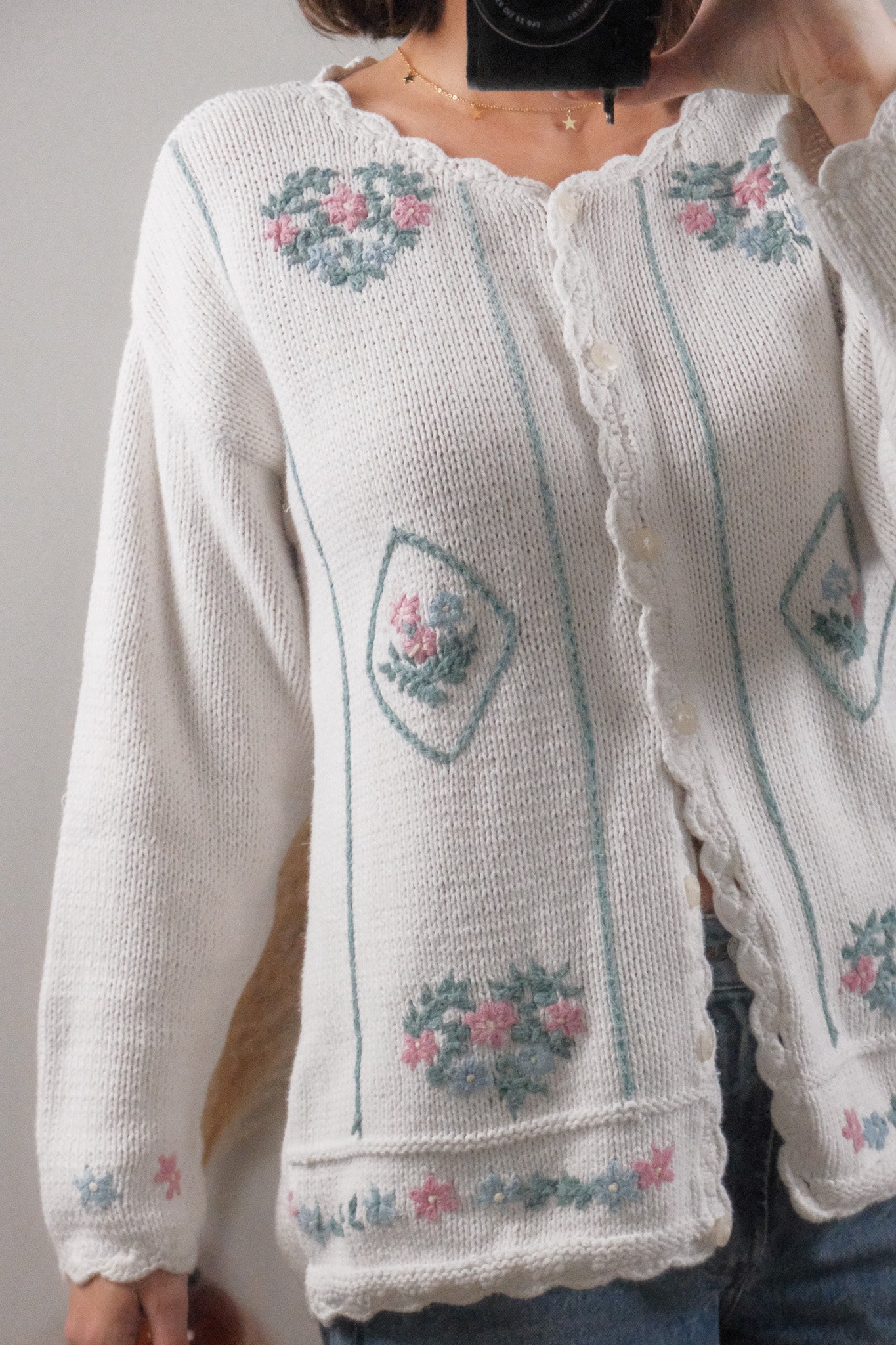 Vintage x Knit by Hand Cotton Floral Embroidered Cardigan (L)