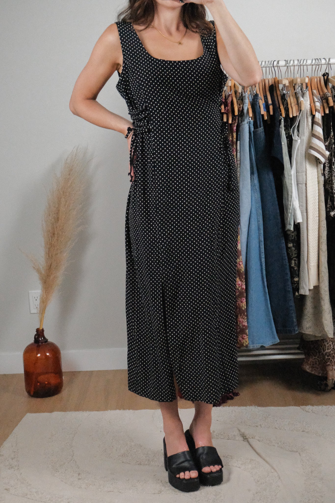 Made in Canada x Vintage x Polka Dot Side Tie Maxi Dress (L)
