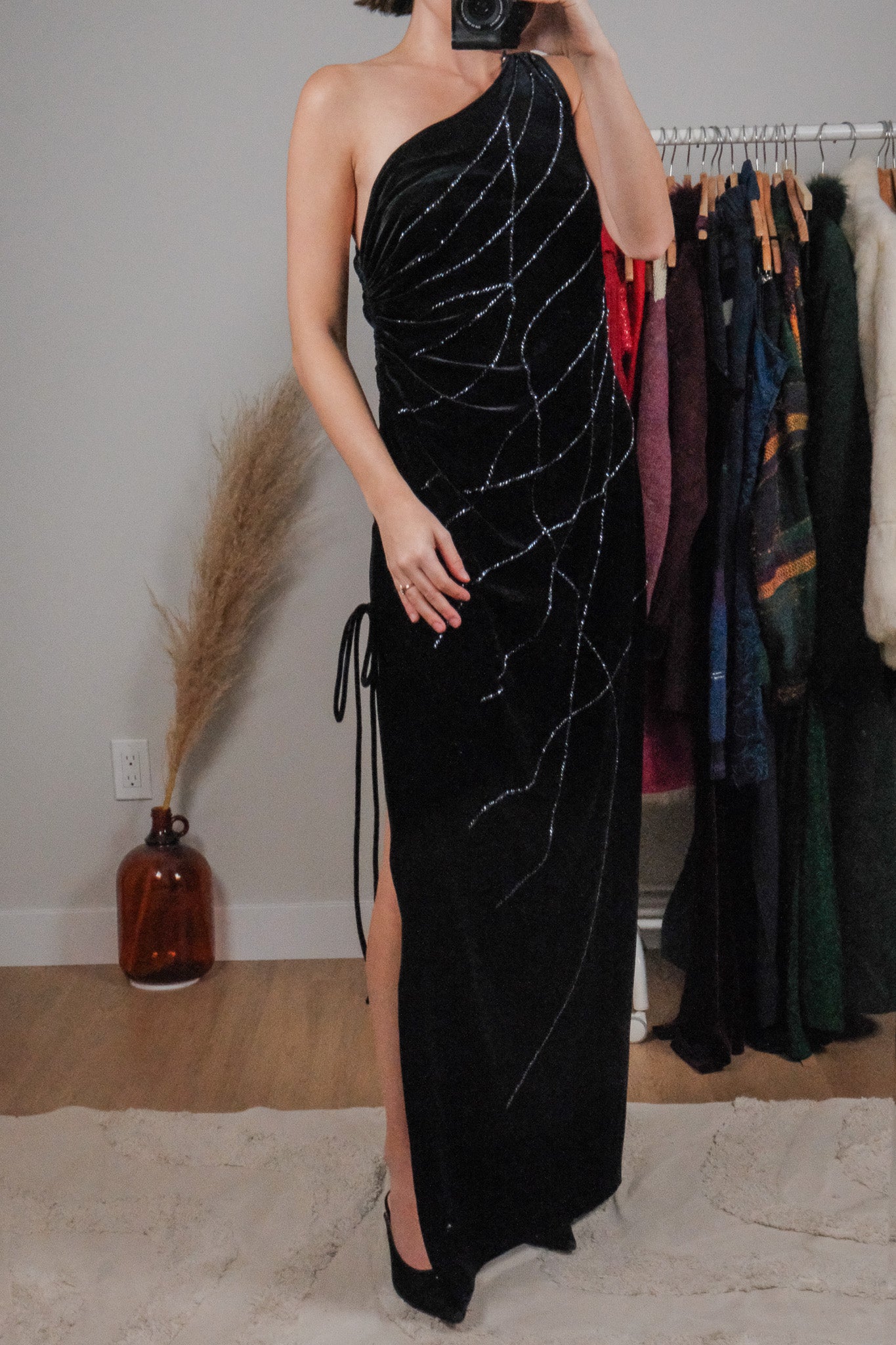 Vintage x One Shoulder Beaded Chinched Maxi Dress (M)