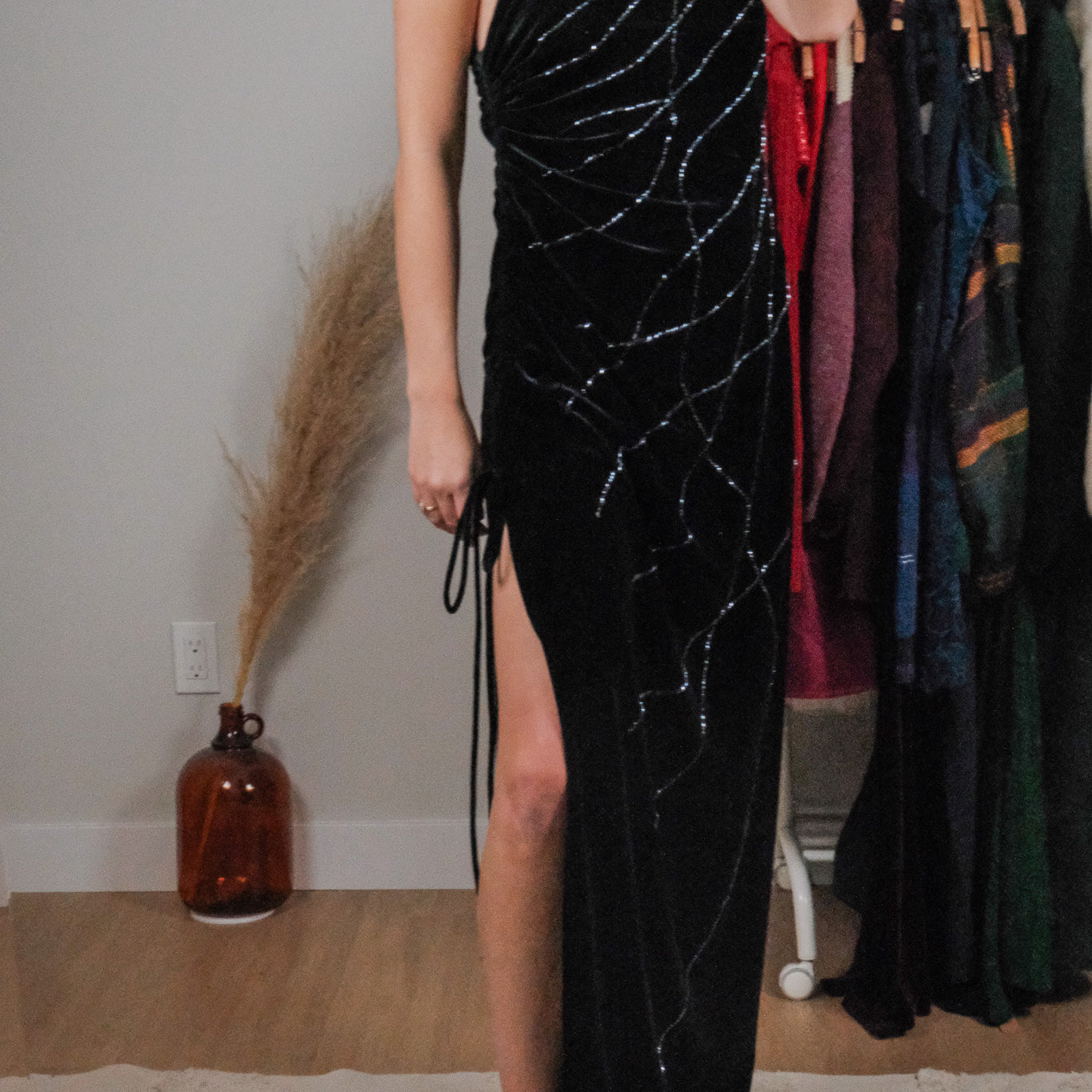 Vintage x One Shoulder Beaded Chinched Maxi Dress (M)