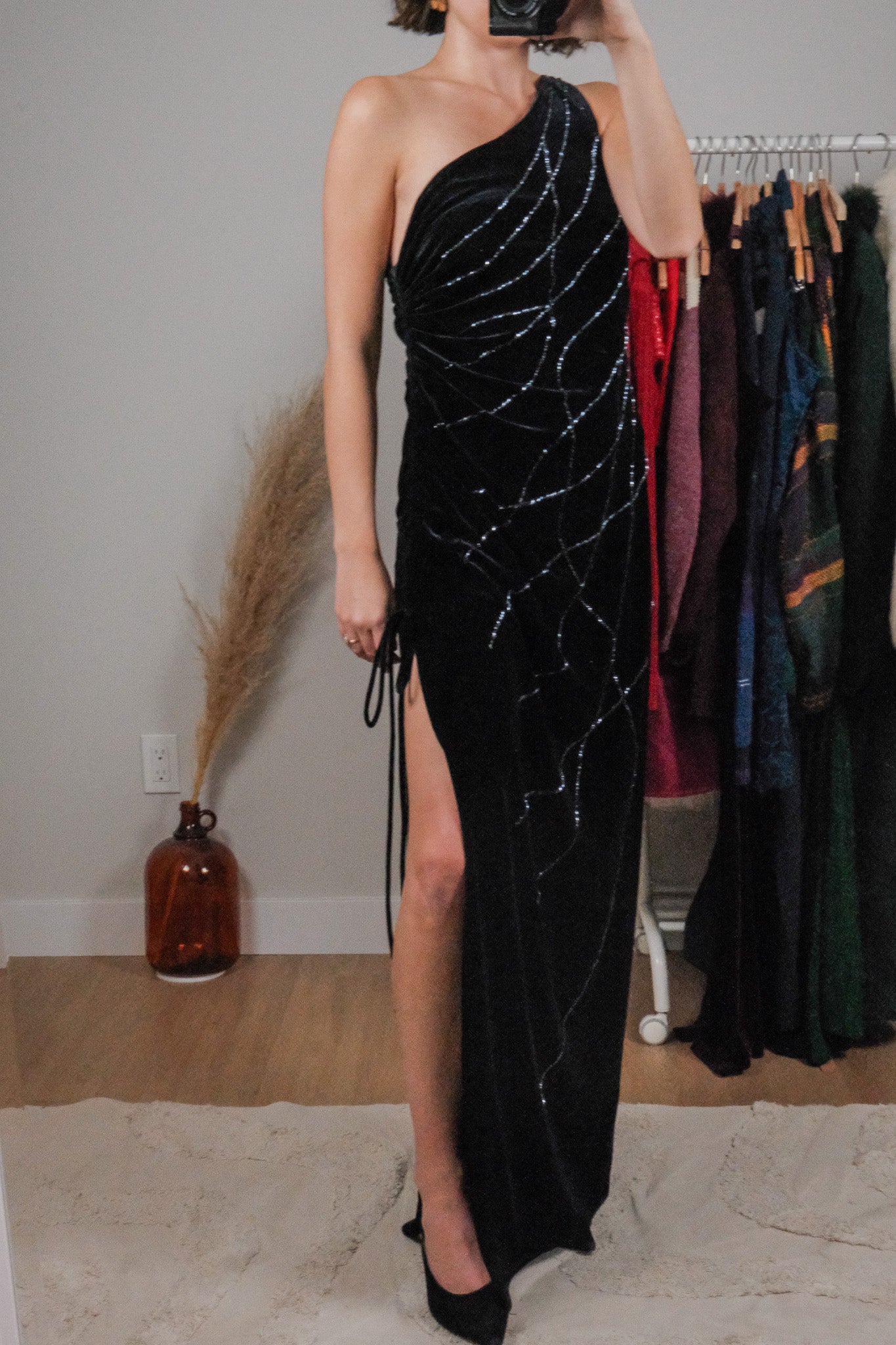 Vintage x One Shoulder Beaded Chinched Maxi Dress (M)