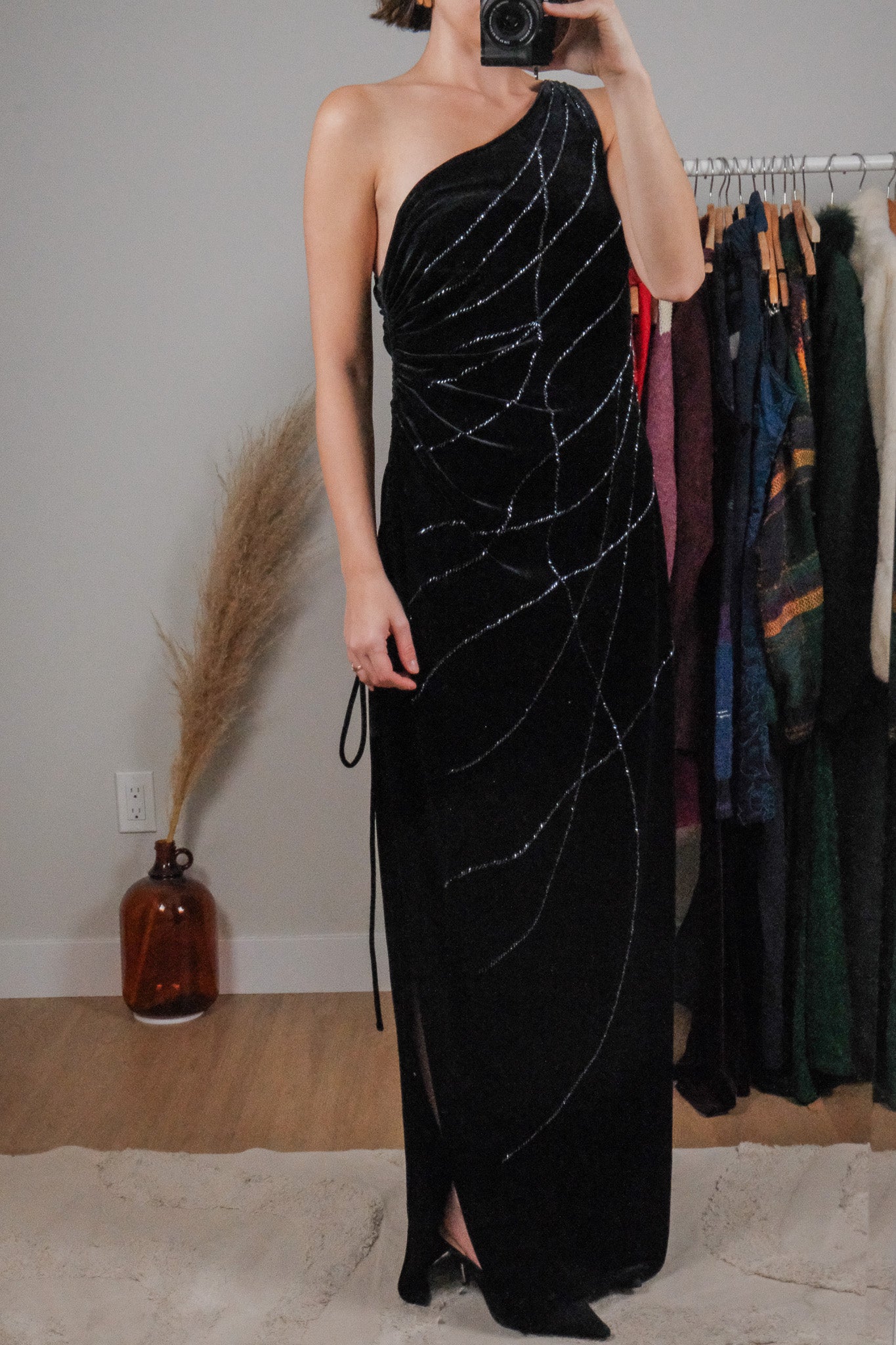 Vintage x One Shoulder Beaded Chinched Maxi Dress (M)