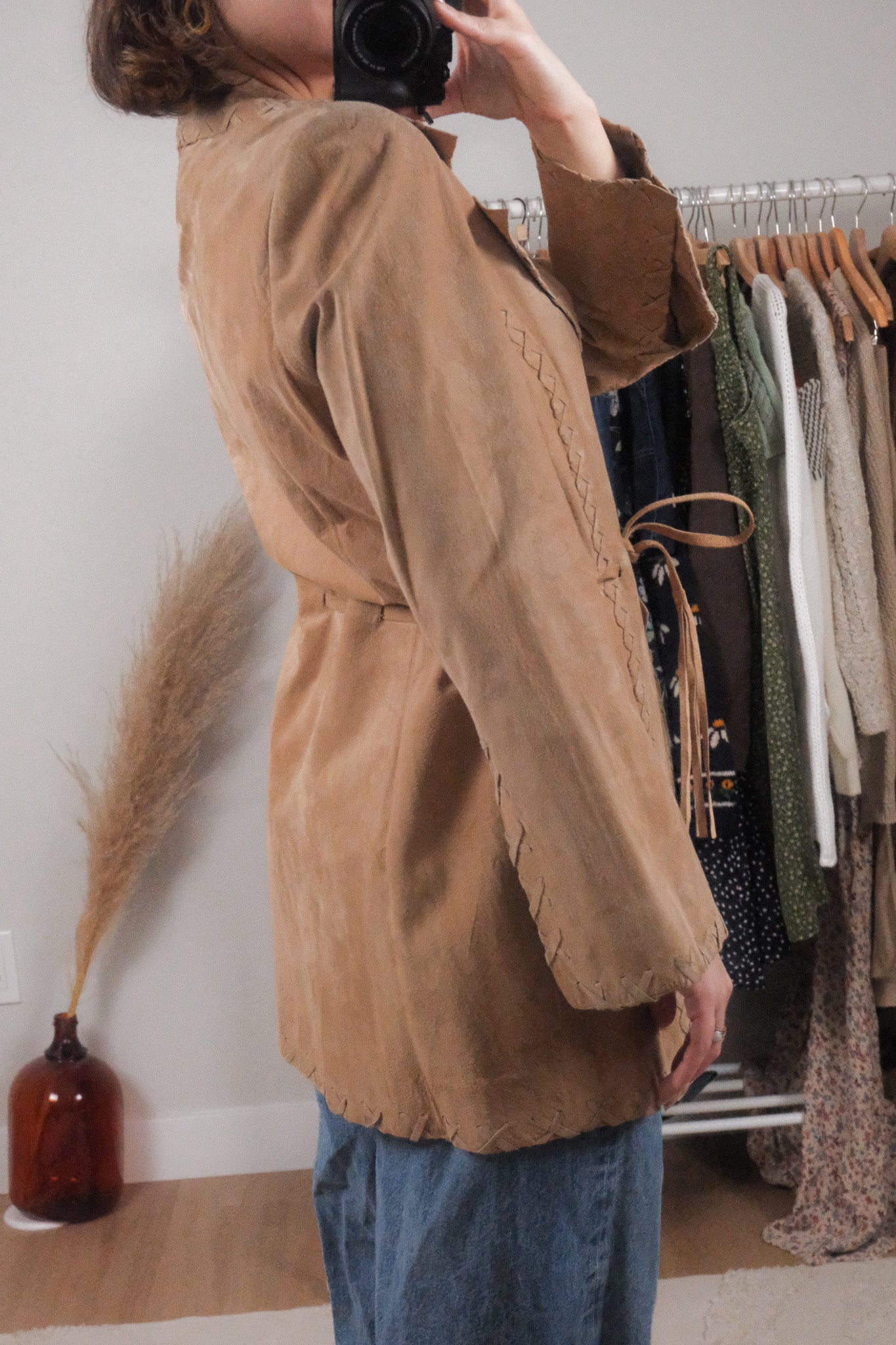 Vintage x 100% Suede Stitch Detail Tie Coat (6/8)