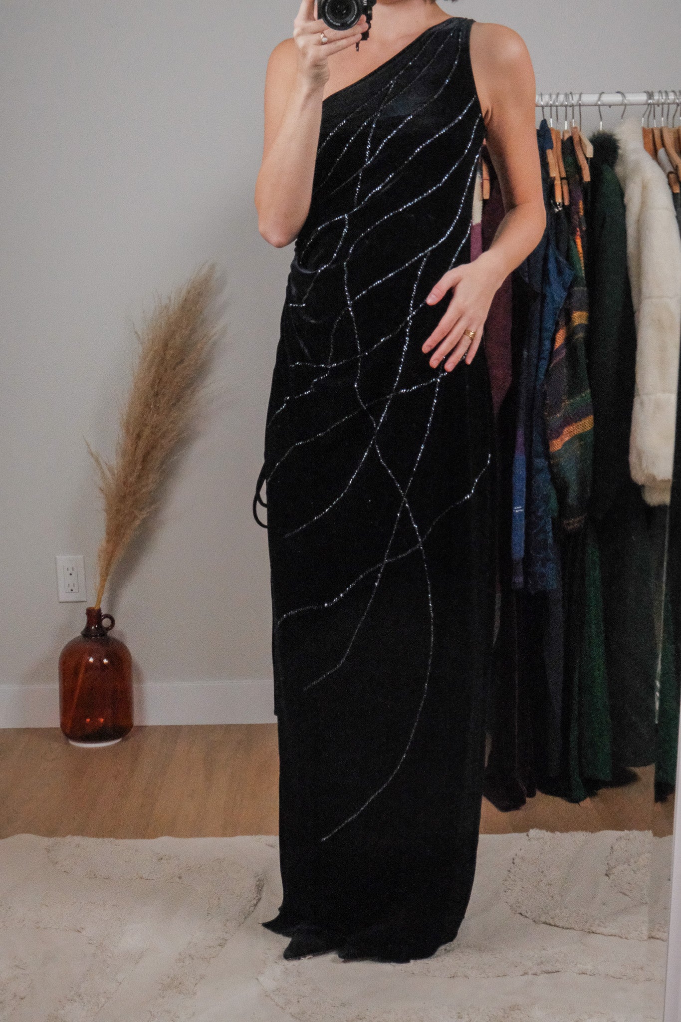 Vintage x One Shoulder Beaded Chinched Maxi Dress (M)
