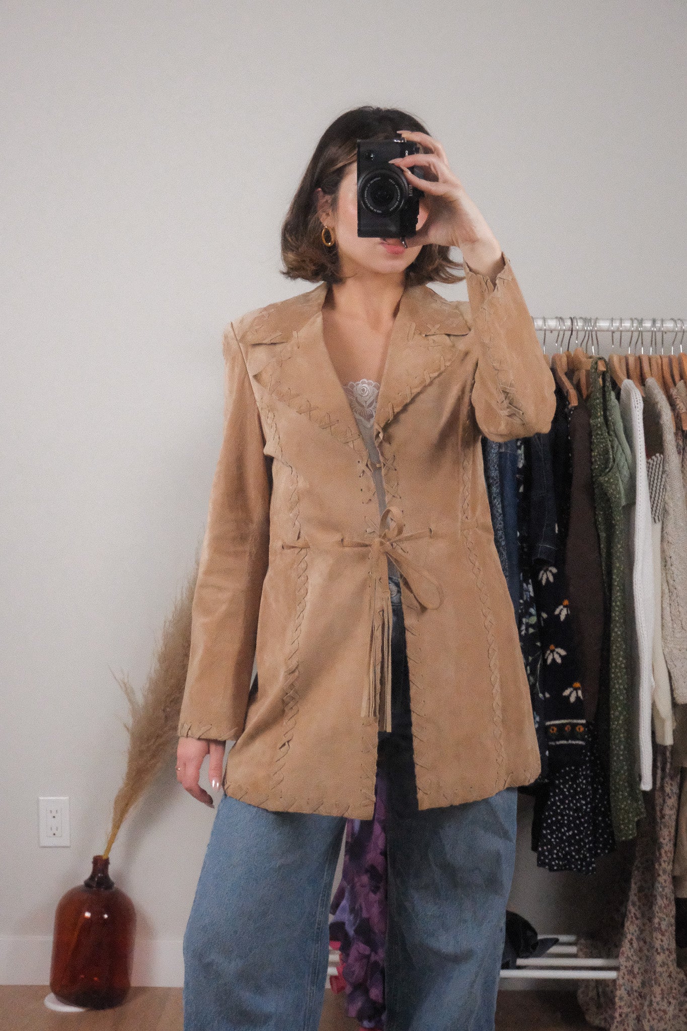 Vintage x 100% Suede Stitch Detail Tie Coat (6/8)