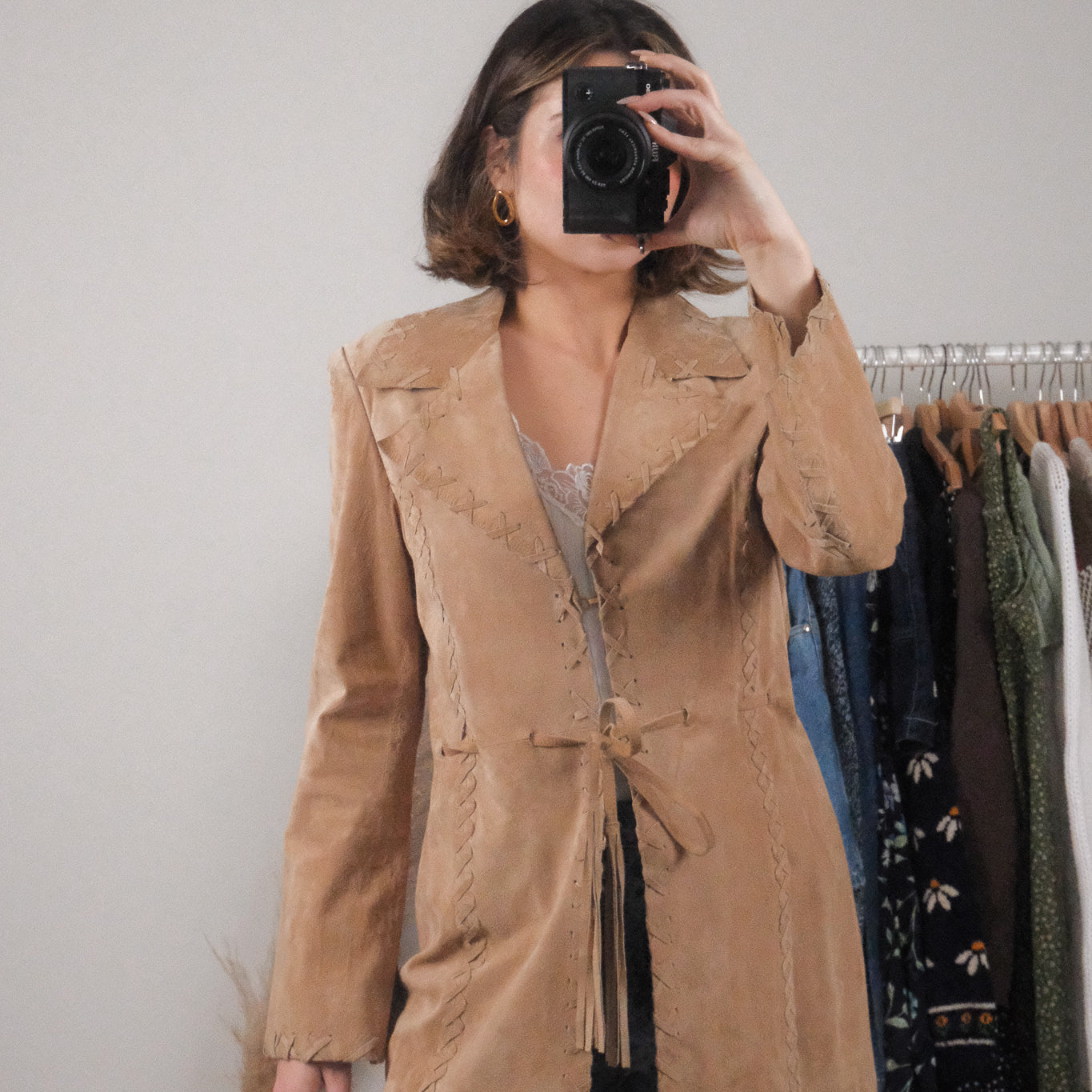 Vintage x 100% Suede Stitch Detail Tie Coat (6/8)
