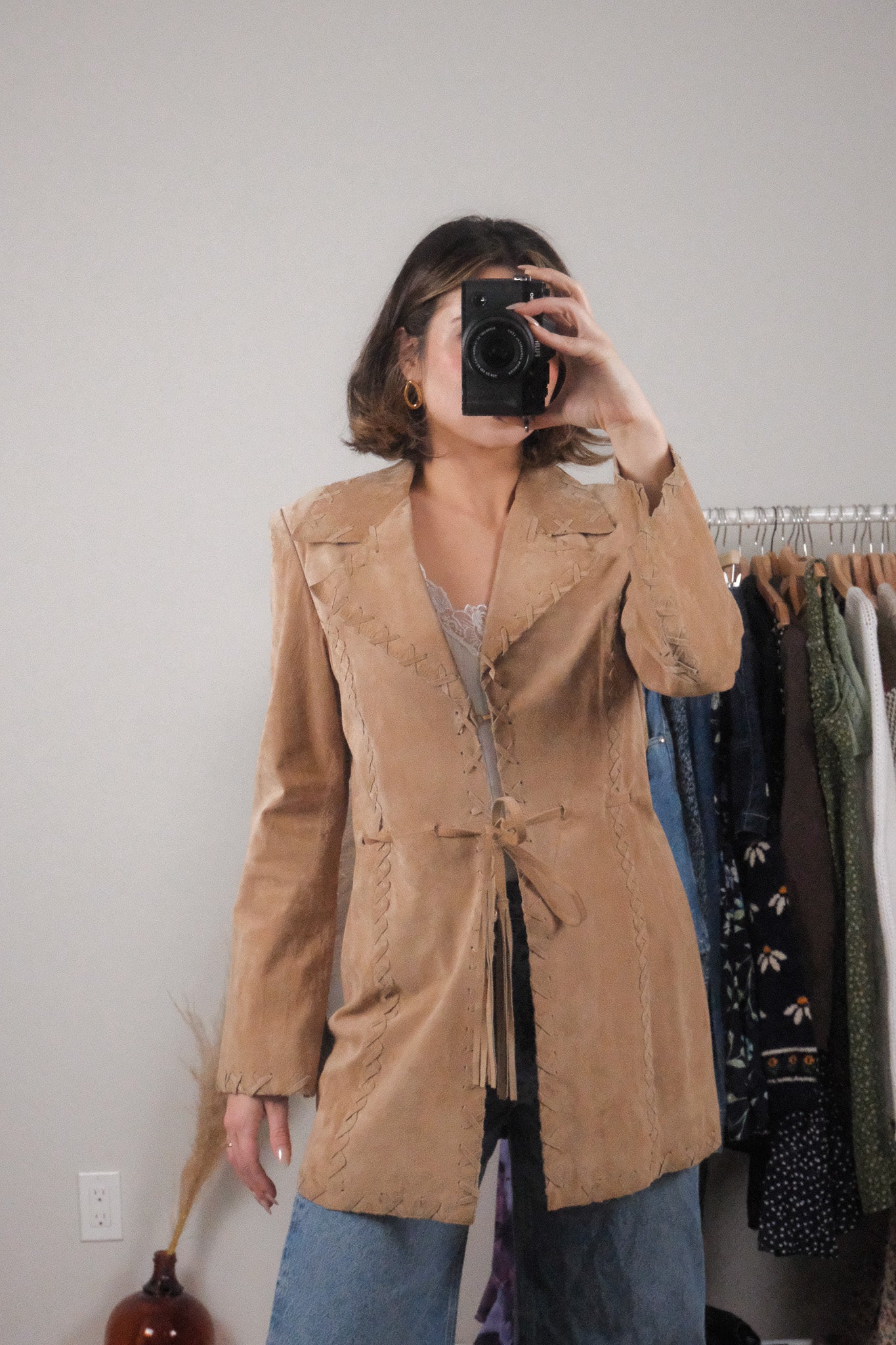 Vintage x 100% Suede Stitch Detail Tie Coat (6/8)