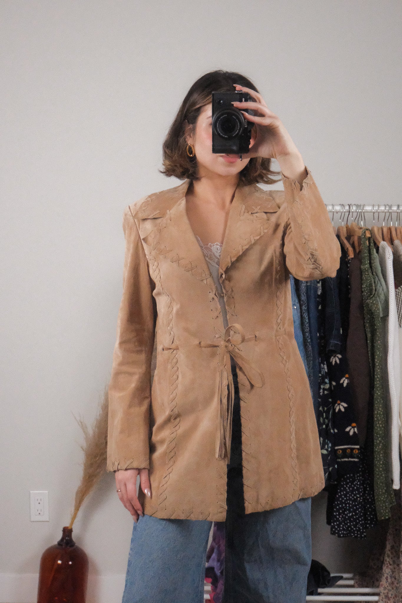 Vintage x 100% Suede Stitch Detail Tie Coat (6/8)