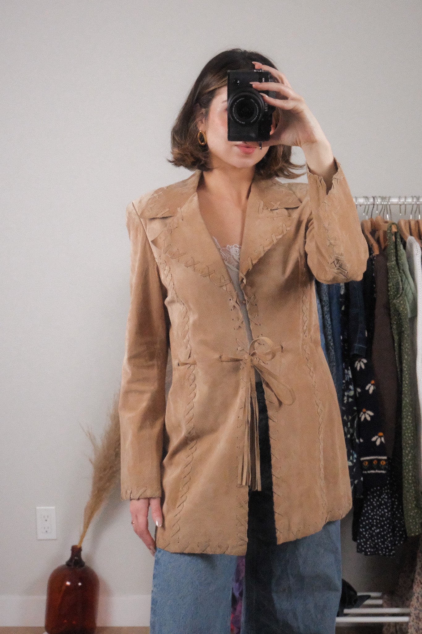 Vintage x 100% Suede Stitch Detail Tie Coat (6/8)