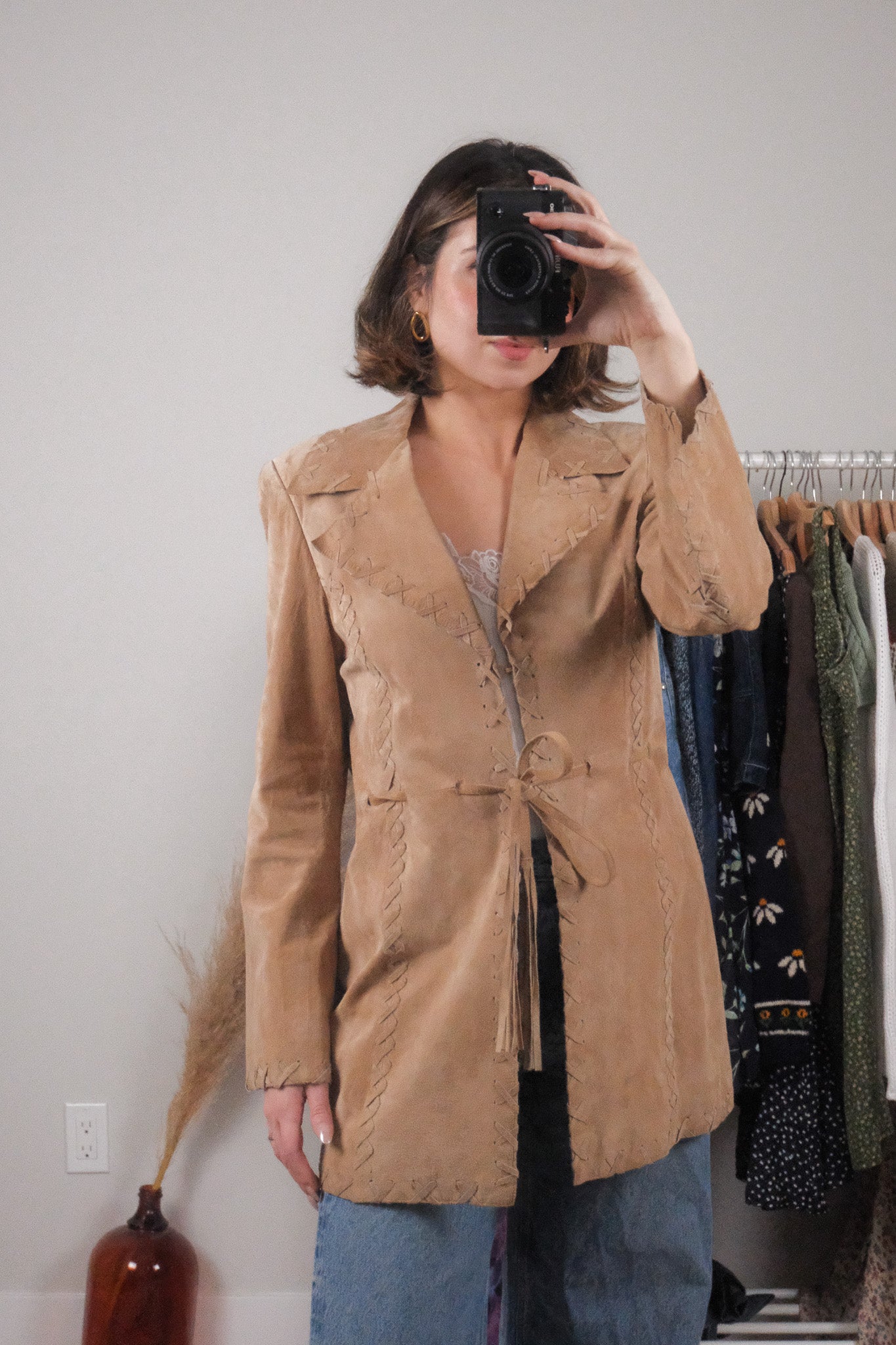 Vintage x 100% Suede Stitch Detail Tie Coat (6/8)