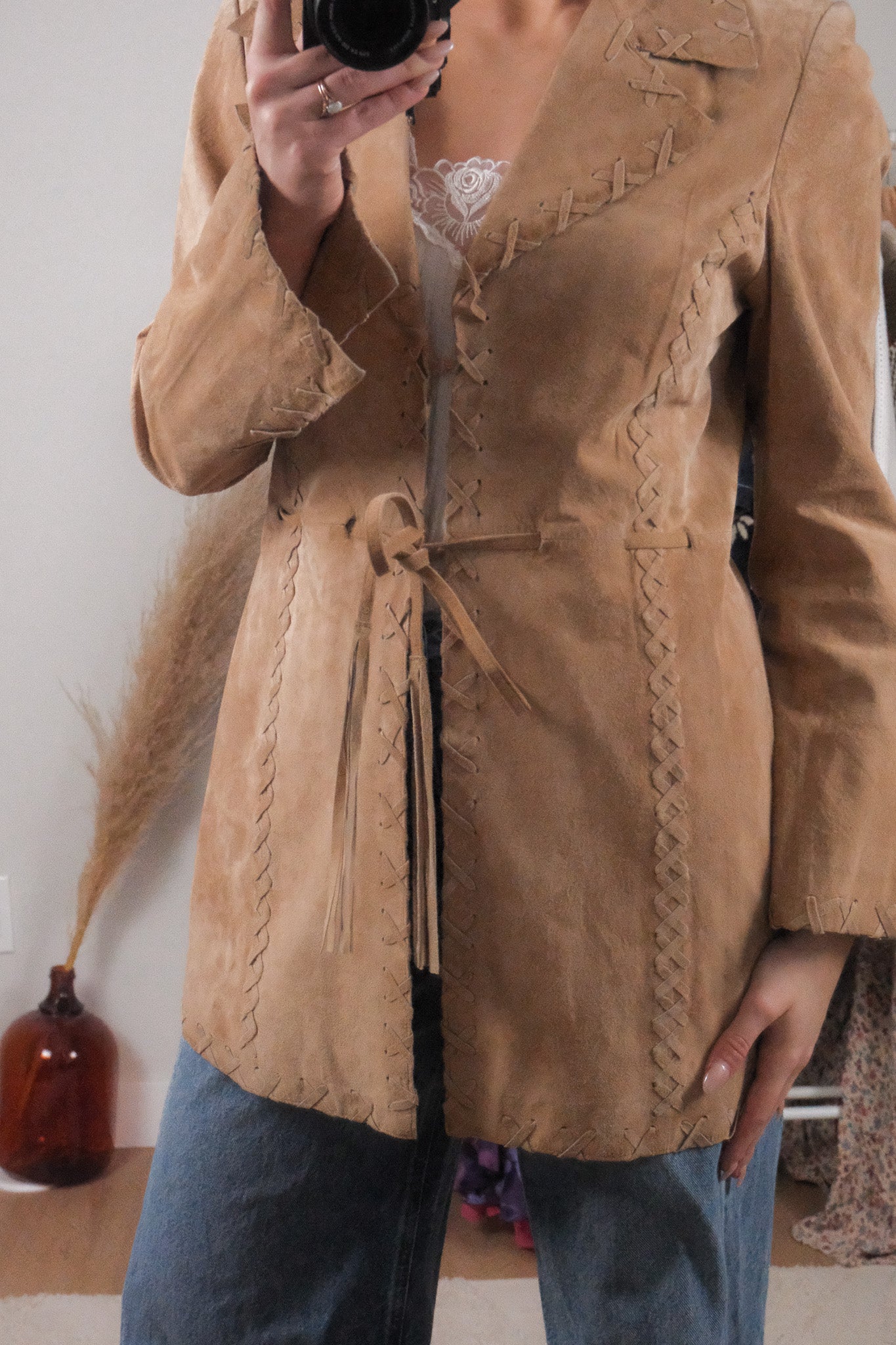 Vintage x 100% Suede Stitch Detail Tie Coat (6/8)