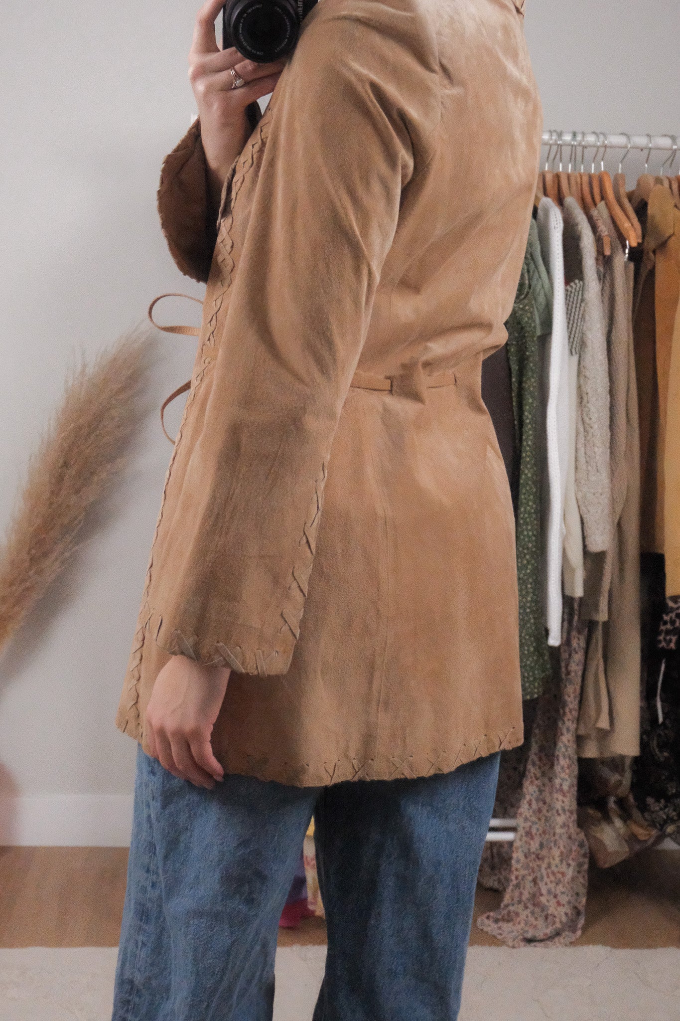 Vintage x 100% Suede Stitch Detail Tie Coat (6/8)