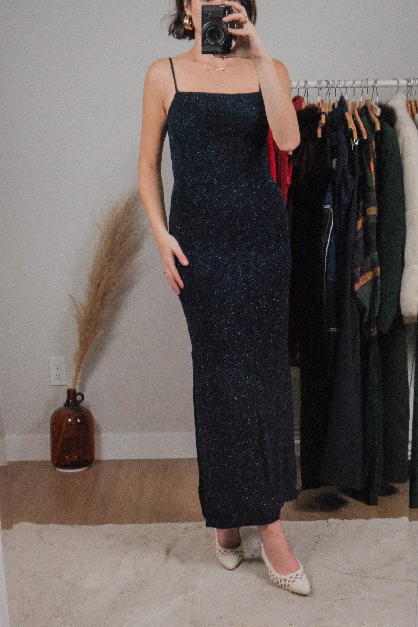 Made in USA x Vintage x Shimmer Open Back Maxi Dress (XS/S)