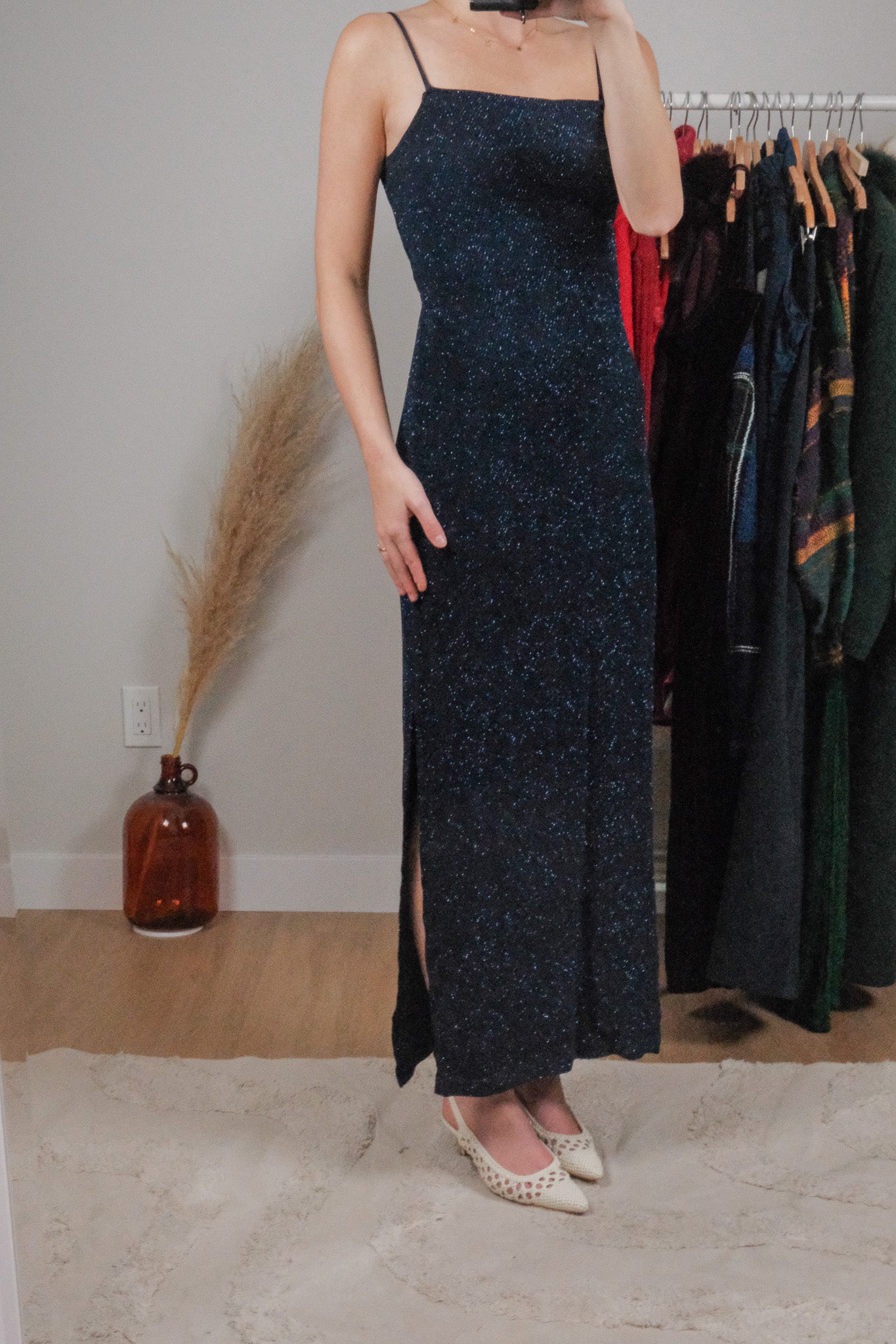 Made in USA x Vintage x Shimmer Open Back Maxi Dress (XS/S)