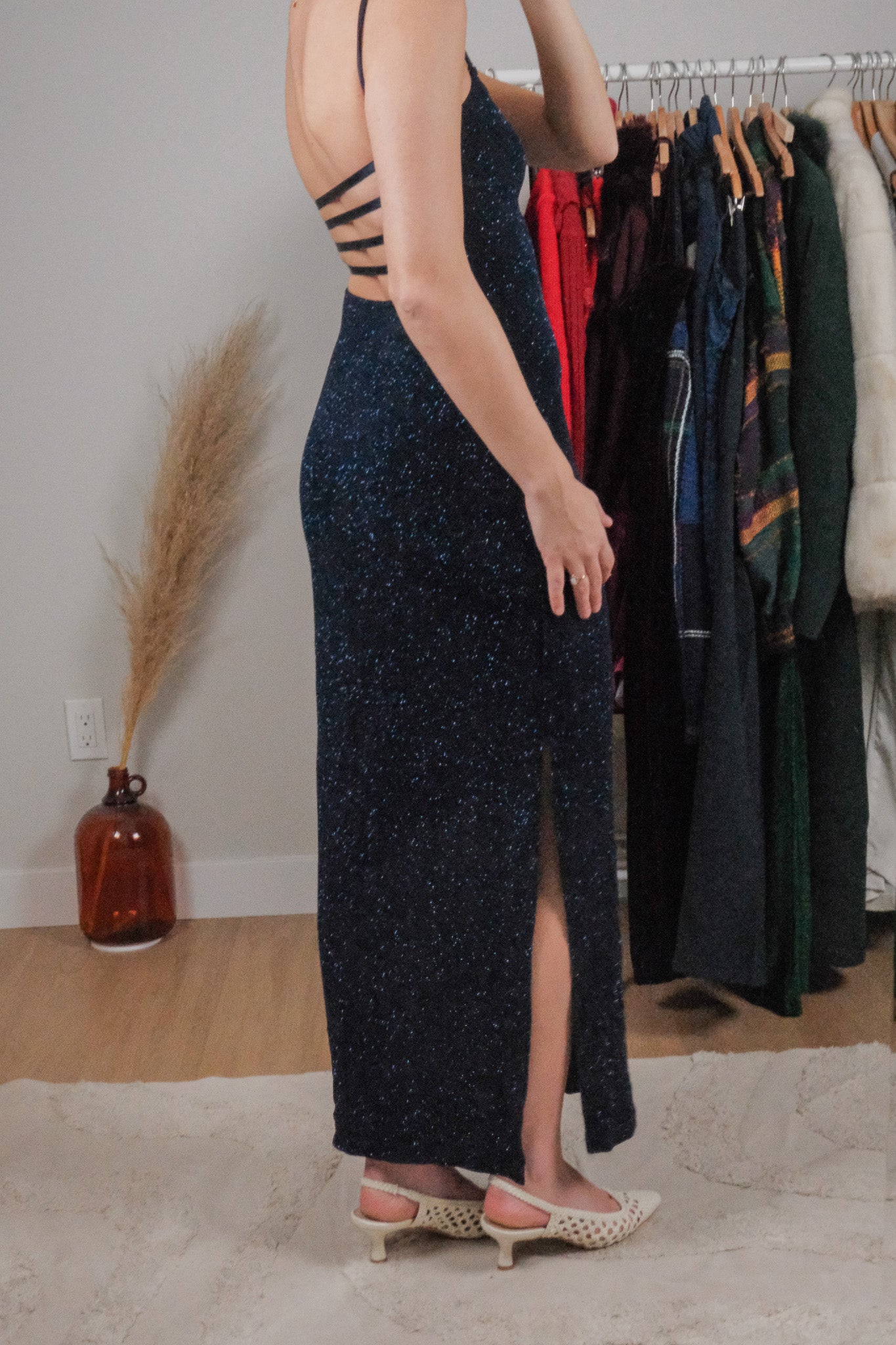 Made in USA x Vintage x Shimmer Open Back Maxi Dress (XS/S)