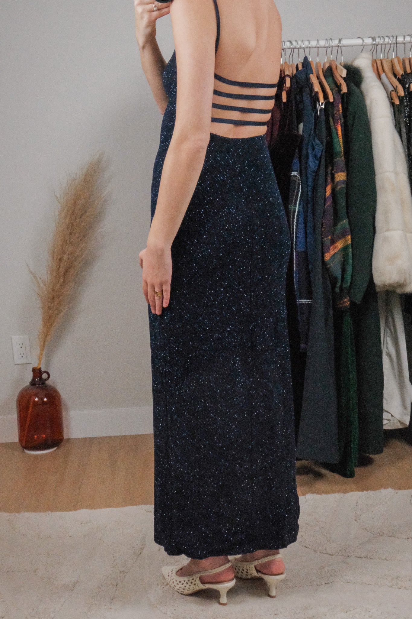 Made in USA x Vintage x Shimmer Open Back Maxi Dress (XS/S)