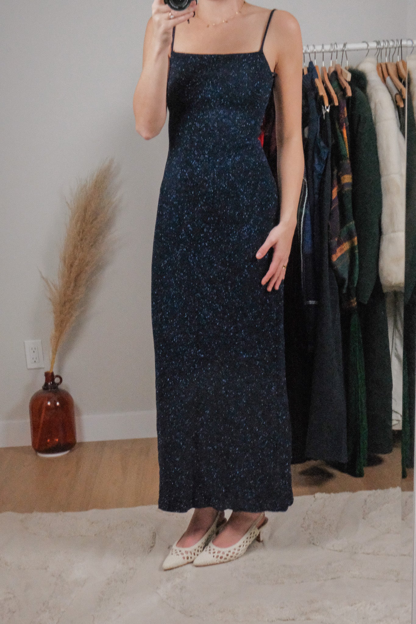 Made in USA x Vintage x Shimmer Open Back Maxi Dress (XS/S)