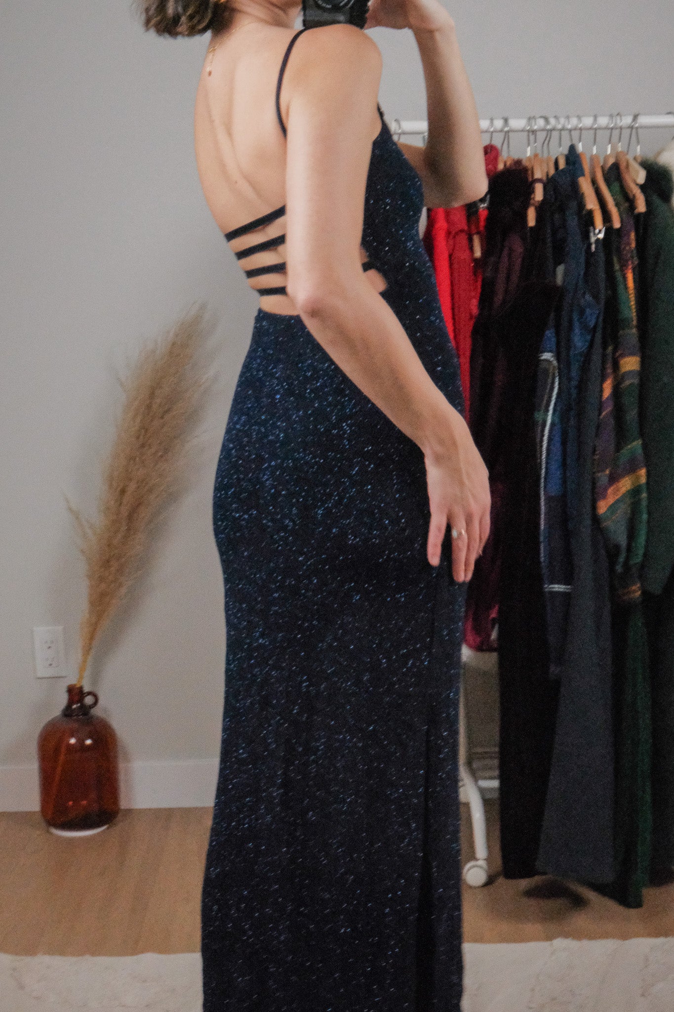 Made in USA x Vintage x Shimmer Open Back Maxi Dress (XS/S)
