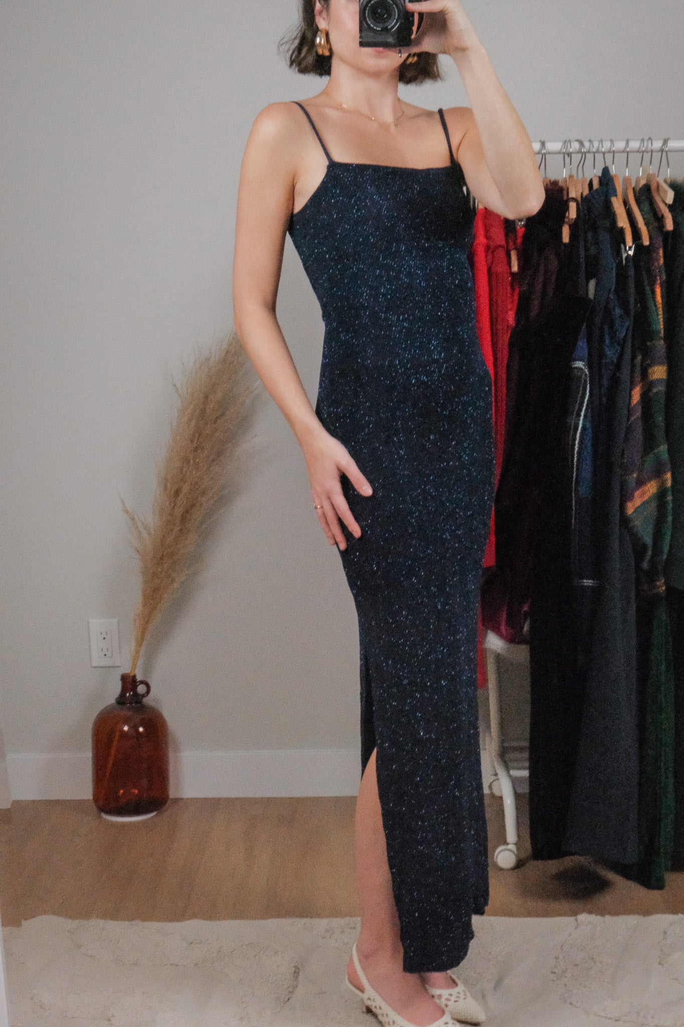 Made in USA x Vintage x Shimmer Open Back Maxi Dress (XS/S)
