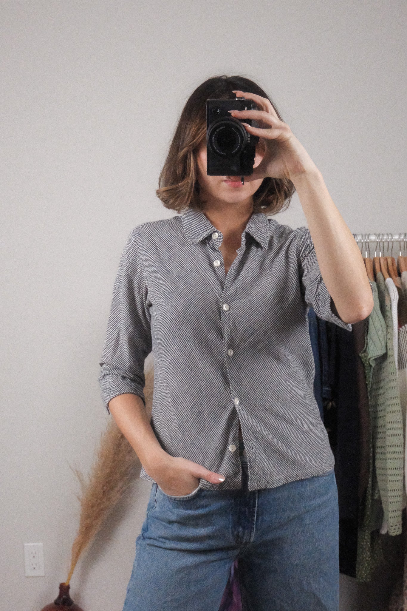 Vintage x 3/4 Sleeve Cotton Gingham Blouse (M)