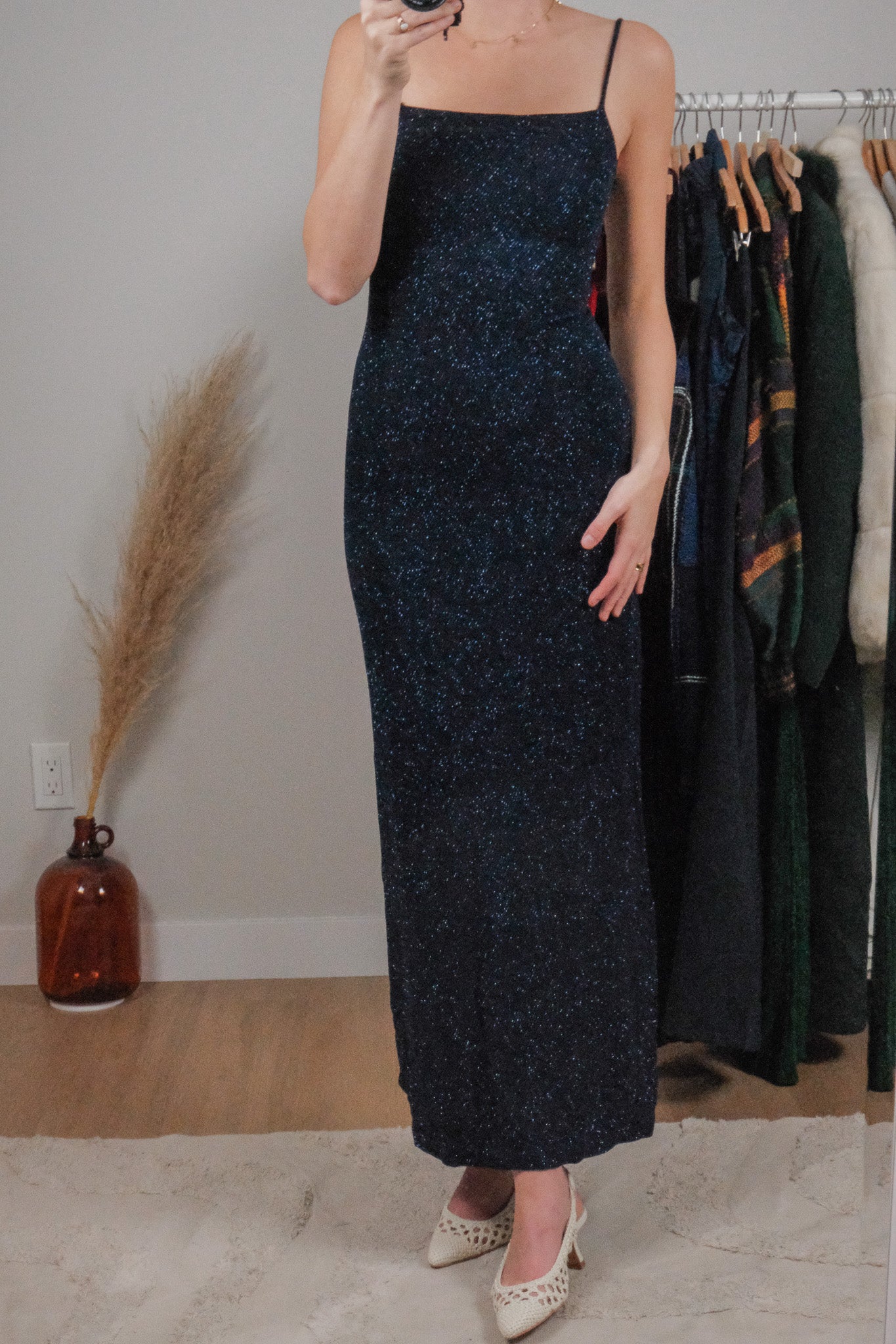 Made in USA x Vintage x Shimmer Open Back Maxi Dress (XS/S)