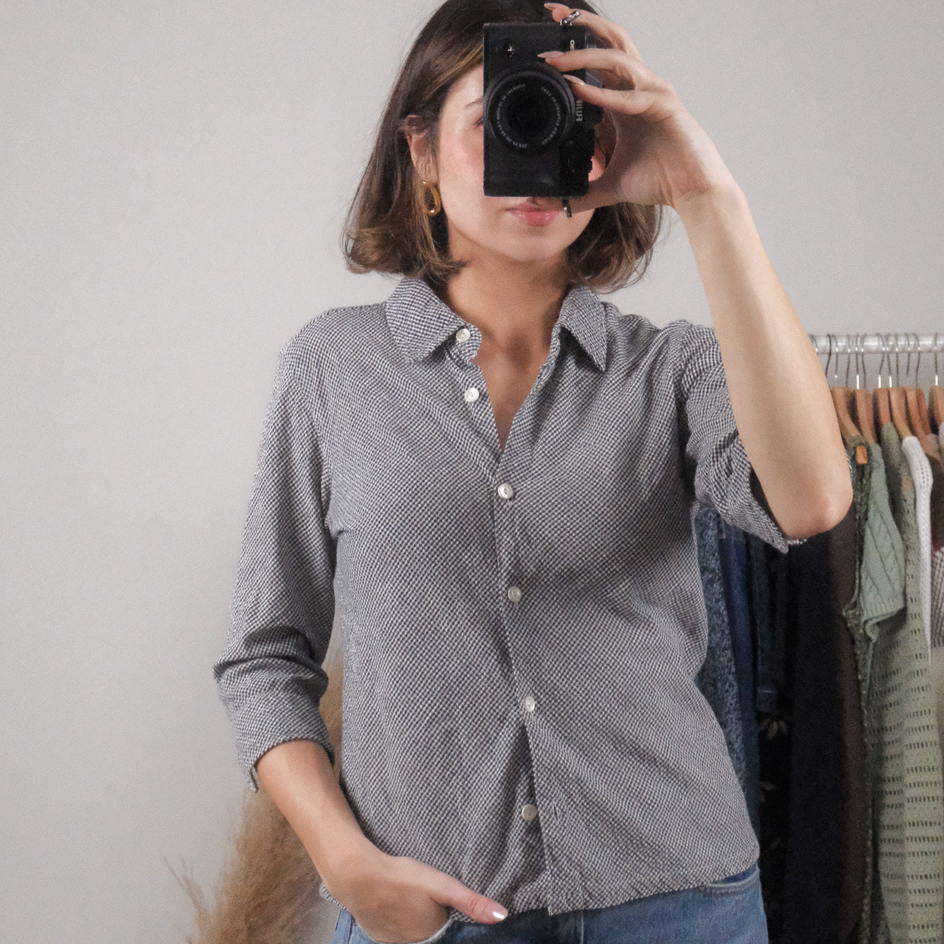 Vintage x 3/4 Sleeve Cotton Gingham Blouse (M)