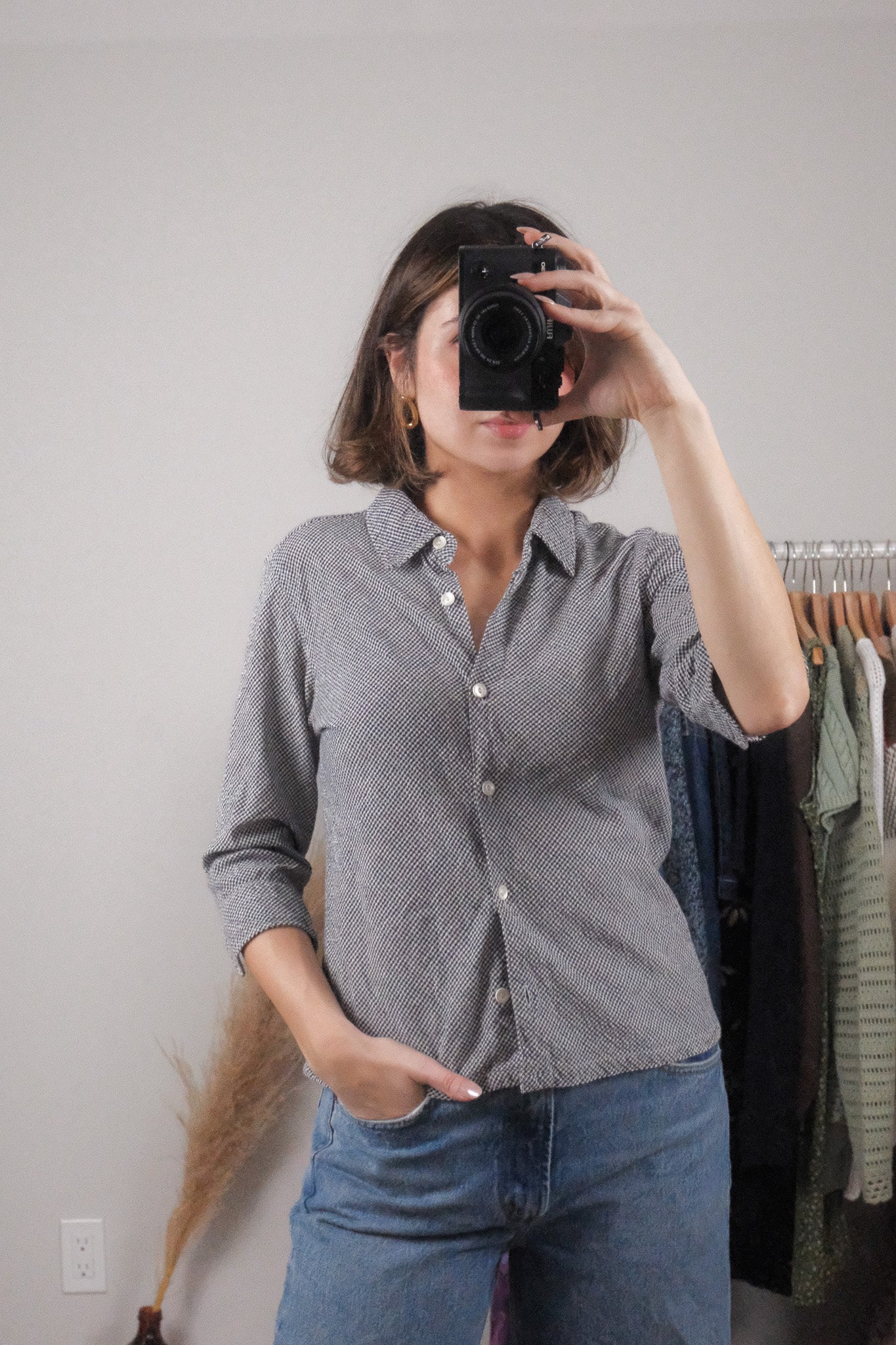 Vintage x 3/4 Sleeve Cotton Gingham Blouse (M)