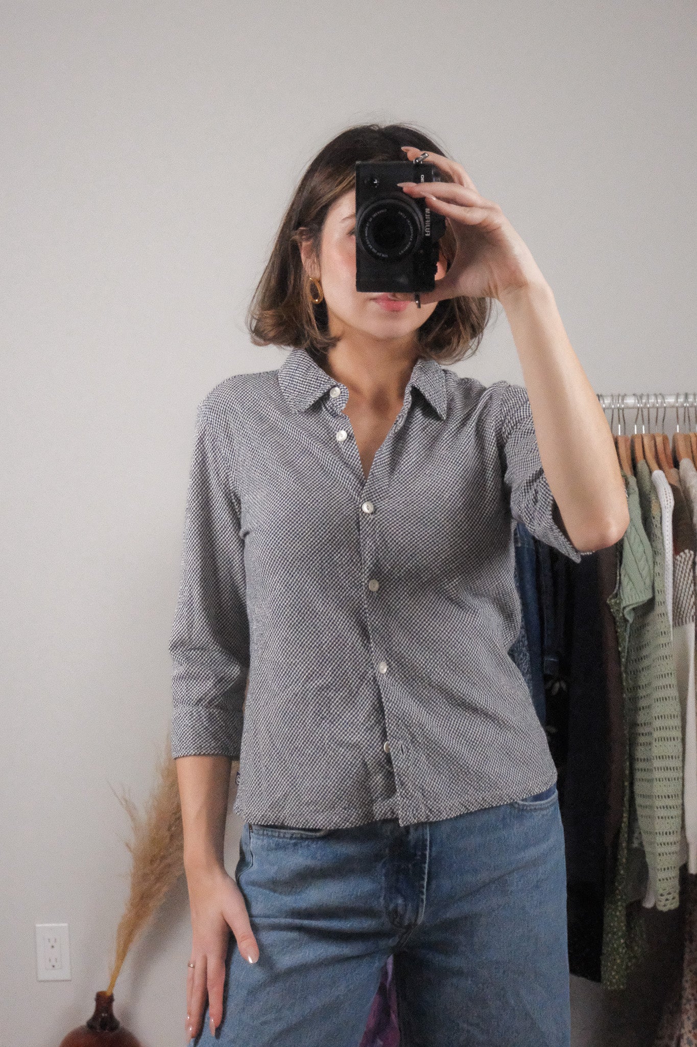 Vintage x 3/4 Sleeve Cotton Gingham Blouse (M)