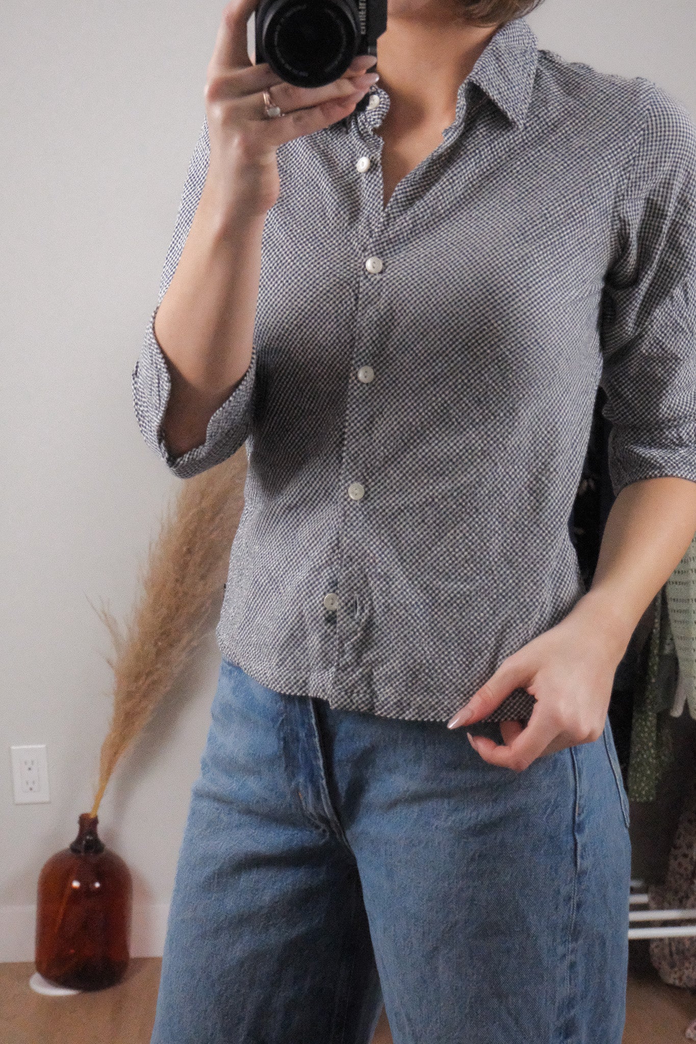 Vintage x 3/4 Sleeve Cotton Gingham Blouse (M)