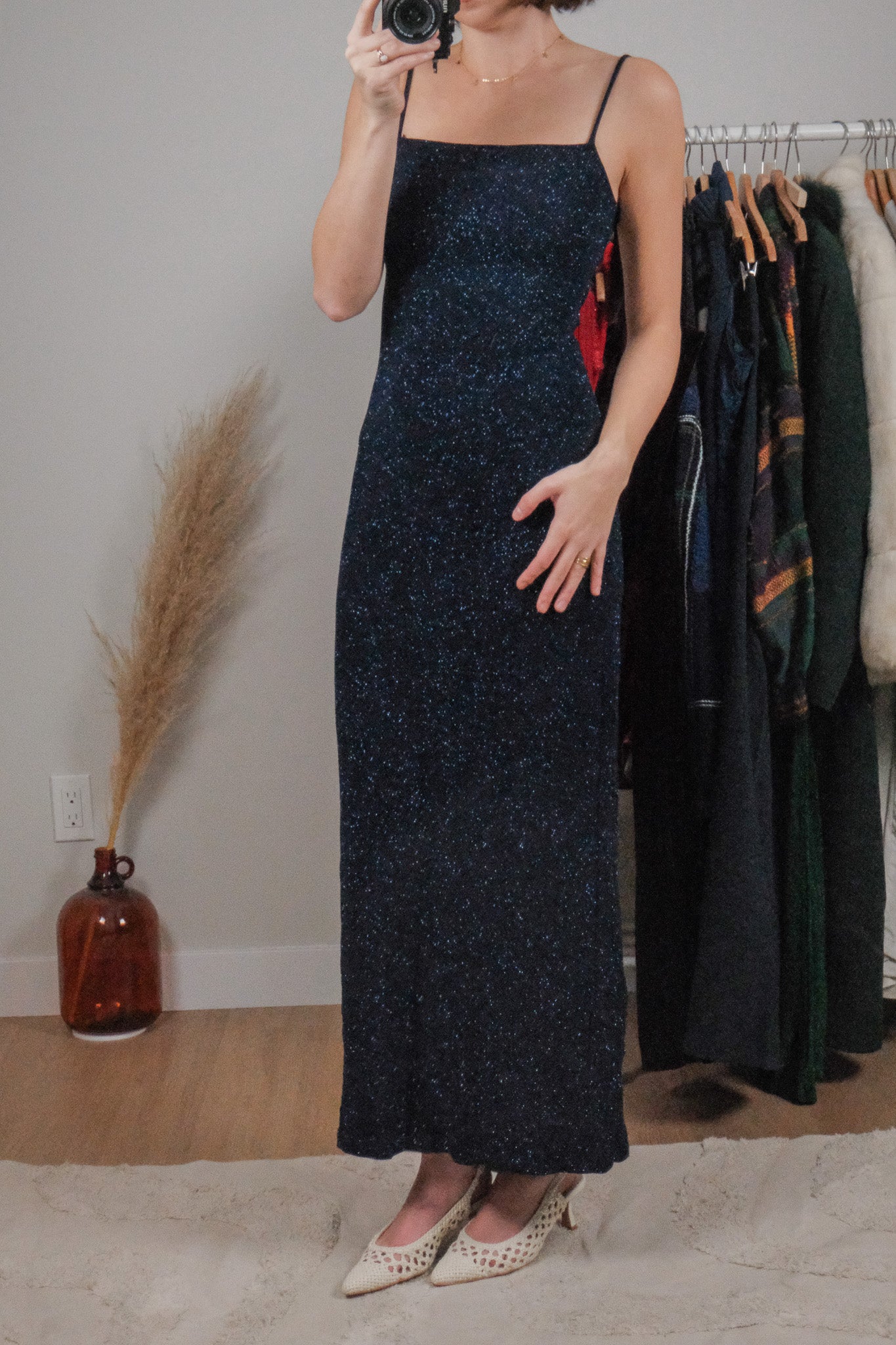 Made in USA x Vintage x Shimmer Open Back Maxi Dress (XS/S)