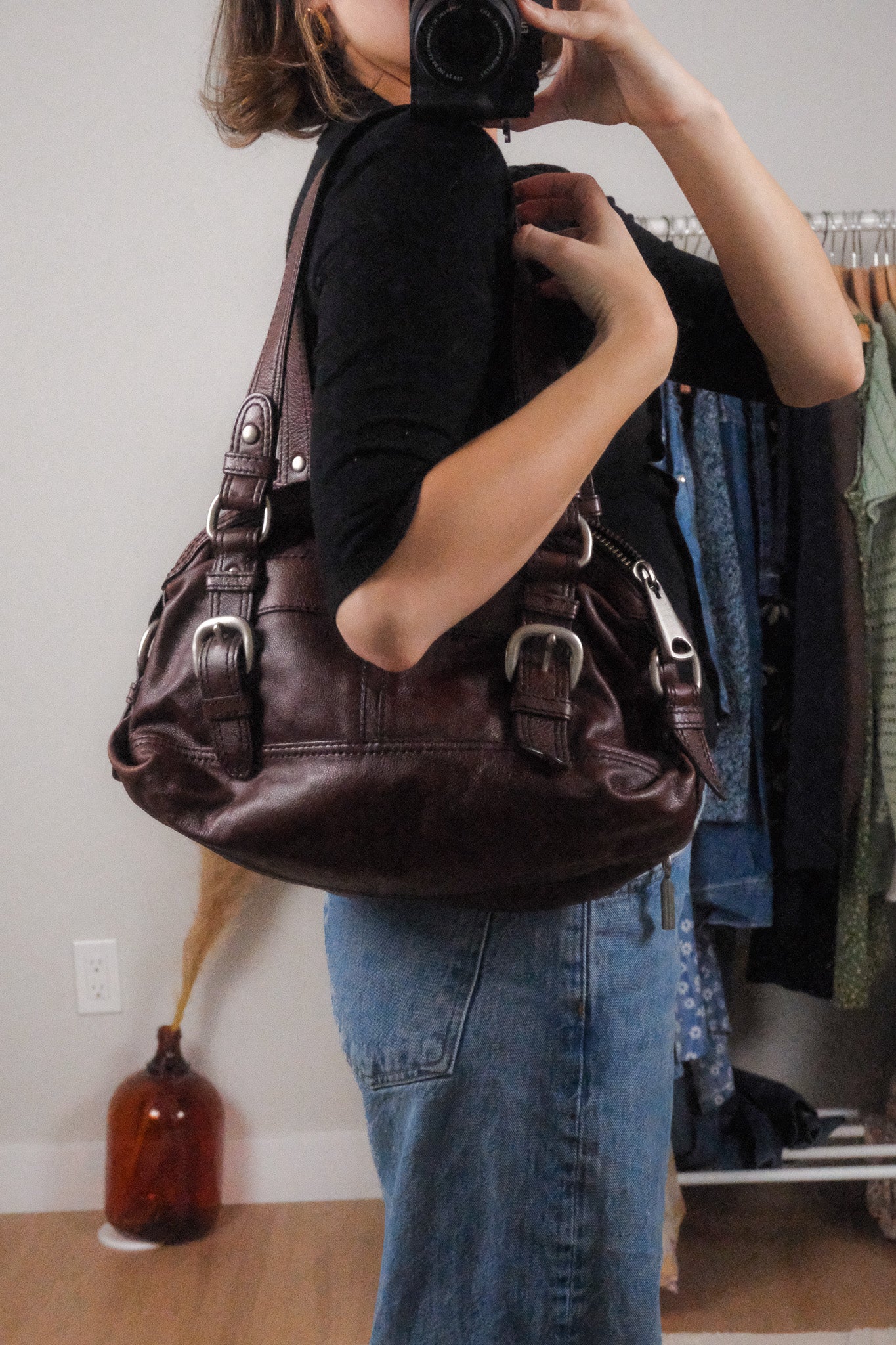 Vintage x Leather Fossil Buckle Shoulder Purse