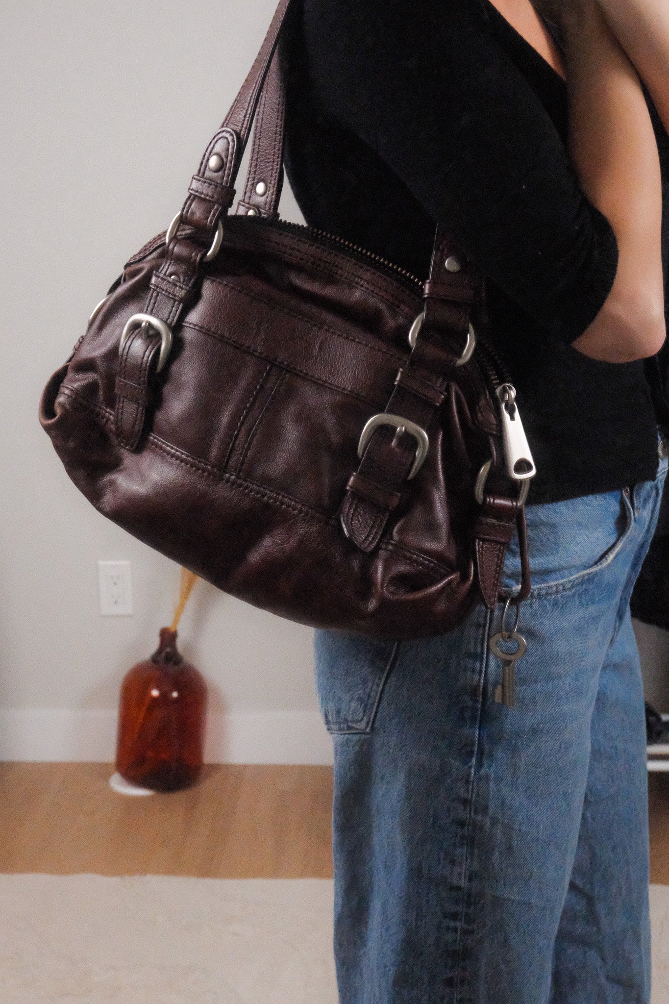 Vintage x Leather Fossil Buckle Shoulder Purse