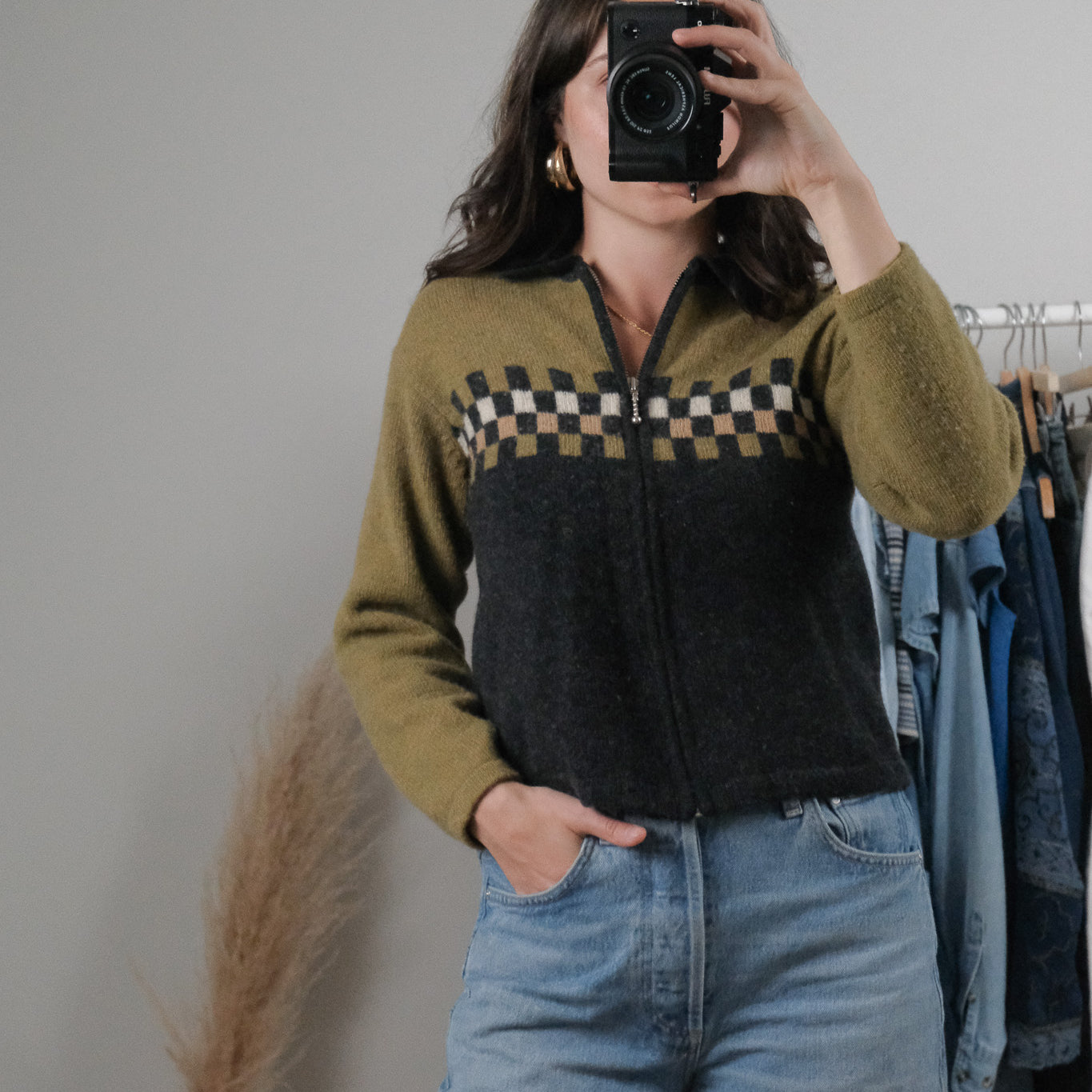 Vintage x Wool Blend Checkered Zip-Up Cardigan (S)
