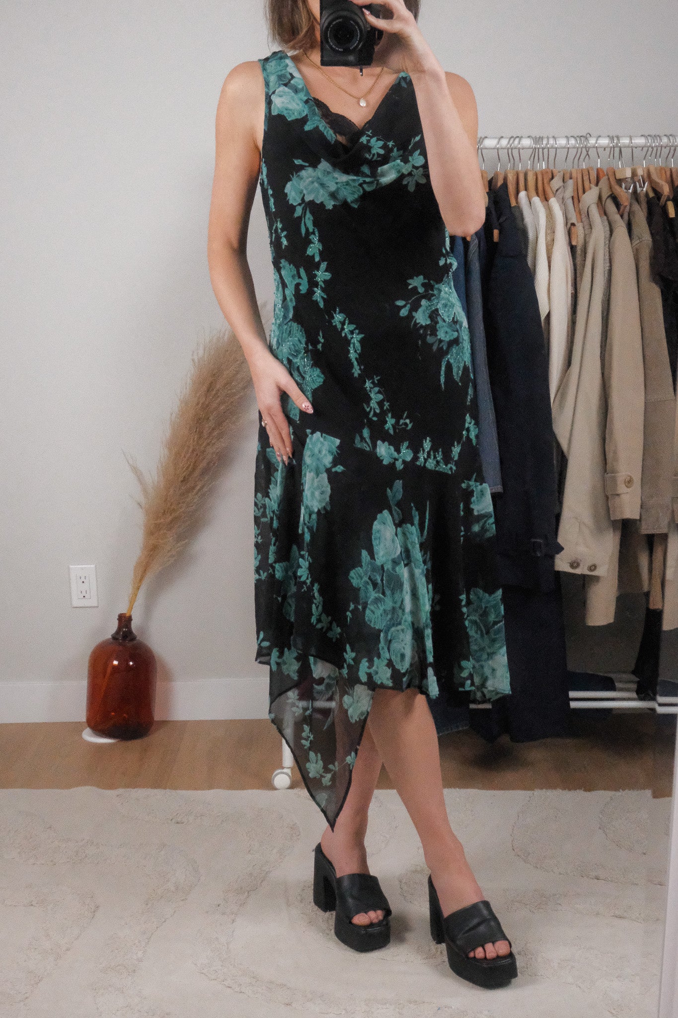 Vintage x Floral Beaded Cowl Neck Midi Dress (XL)