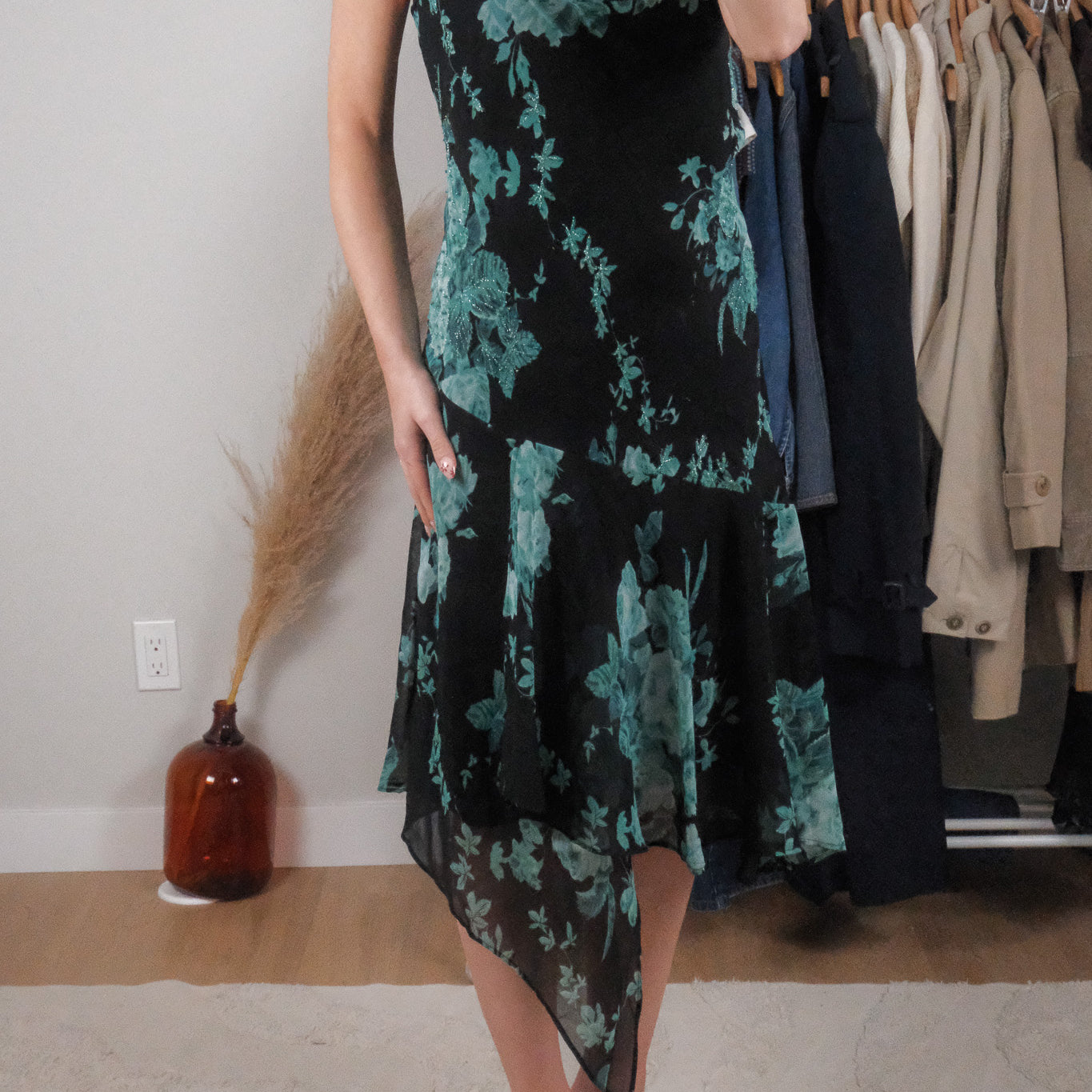 Vintage x Floral Beaded Cowl Neck Midi Dress (XL)