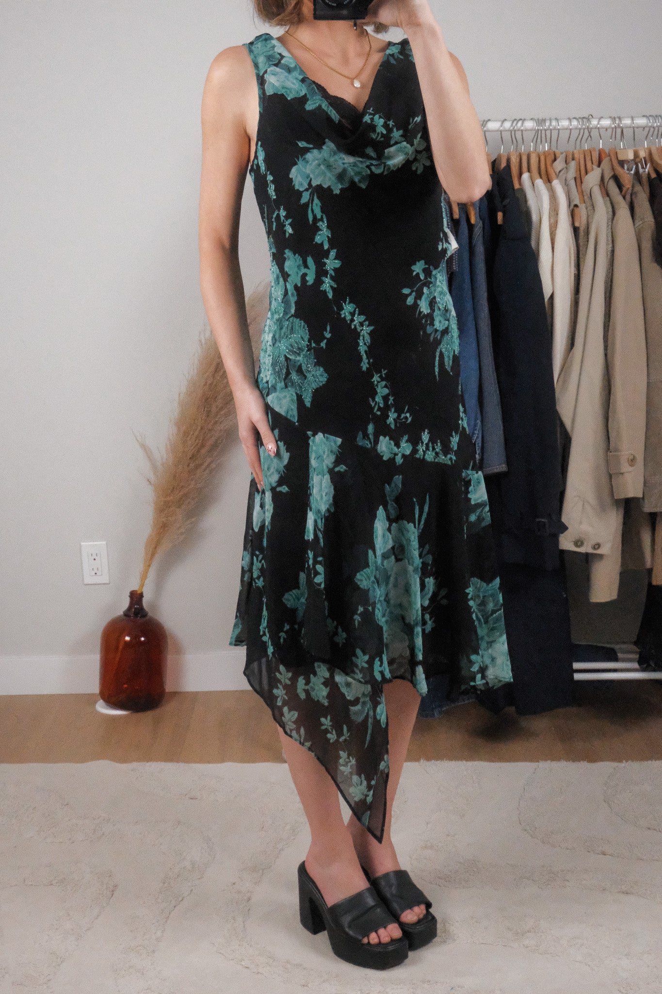 Vintage x Floral Beaded Cowl Neck Midi Dress (XL)