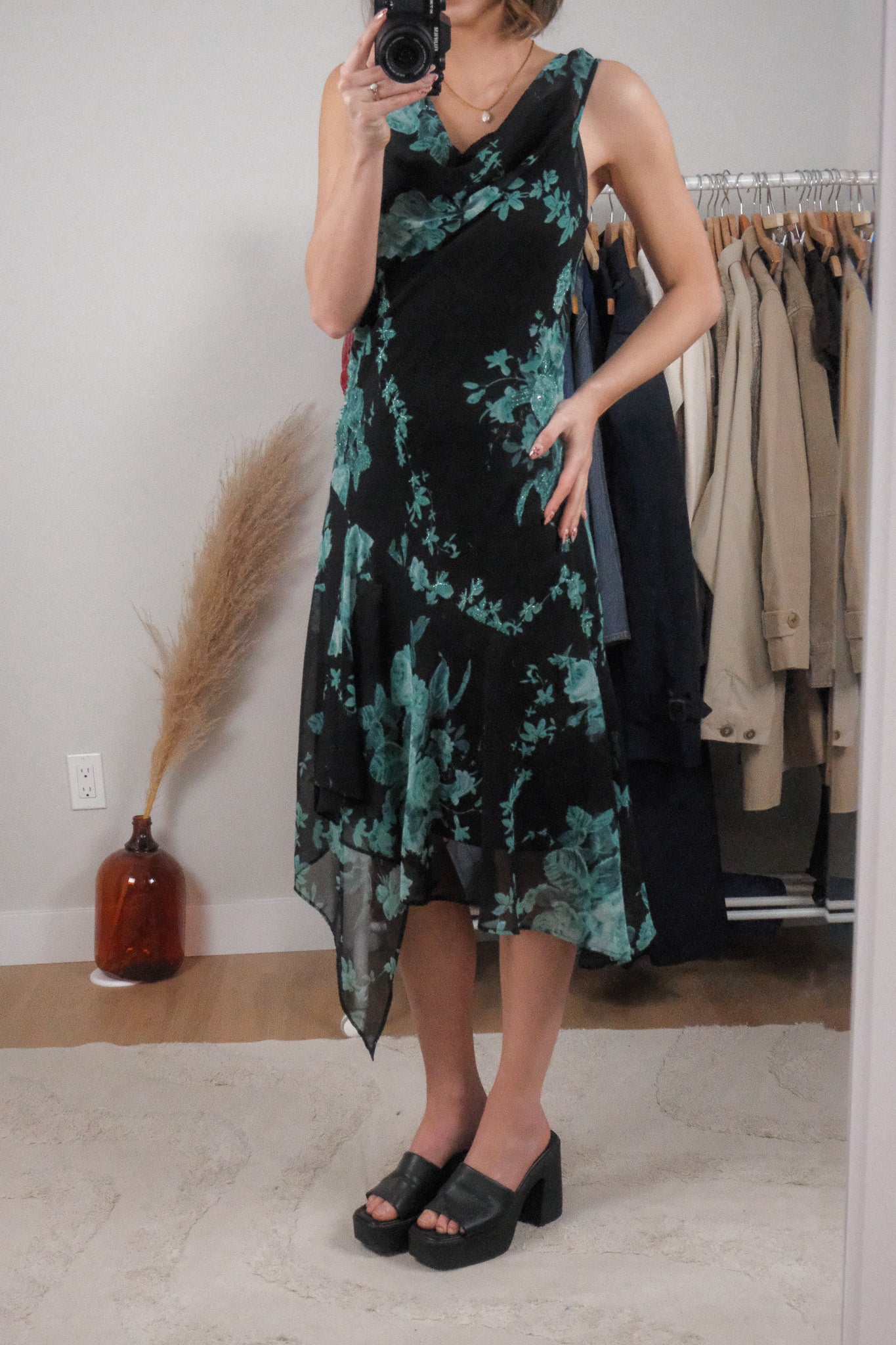 Vintage x Floral Beaded Cowl Neck Midi Dress (XL)