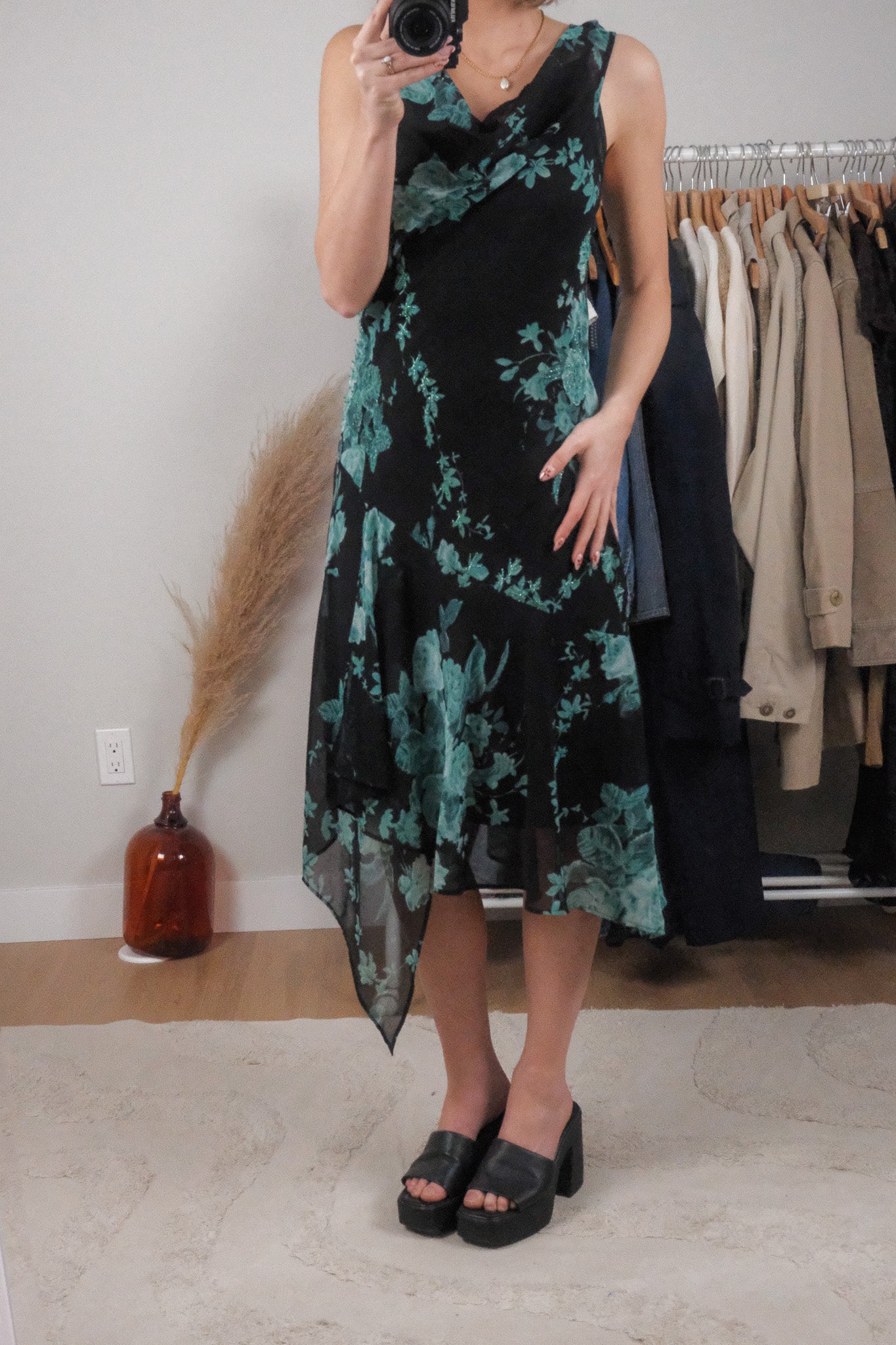 Vintage x Floral Beaded Cowl Neck Midi Dress (XL)