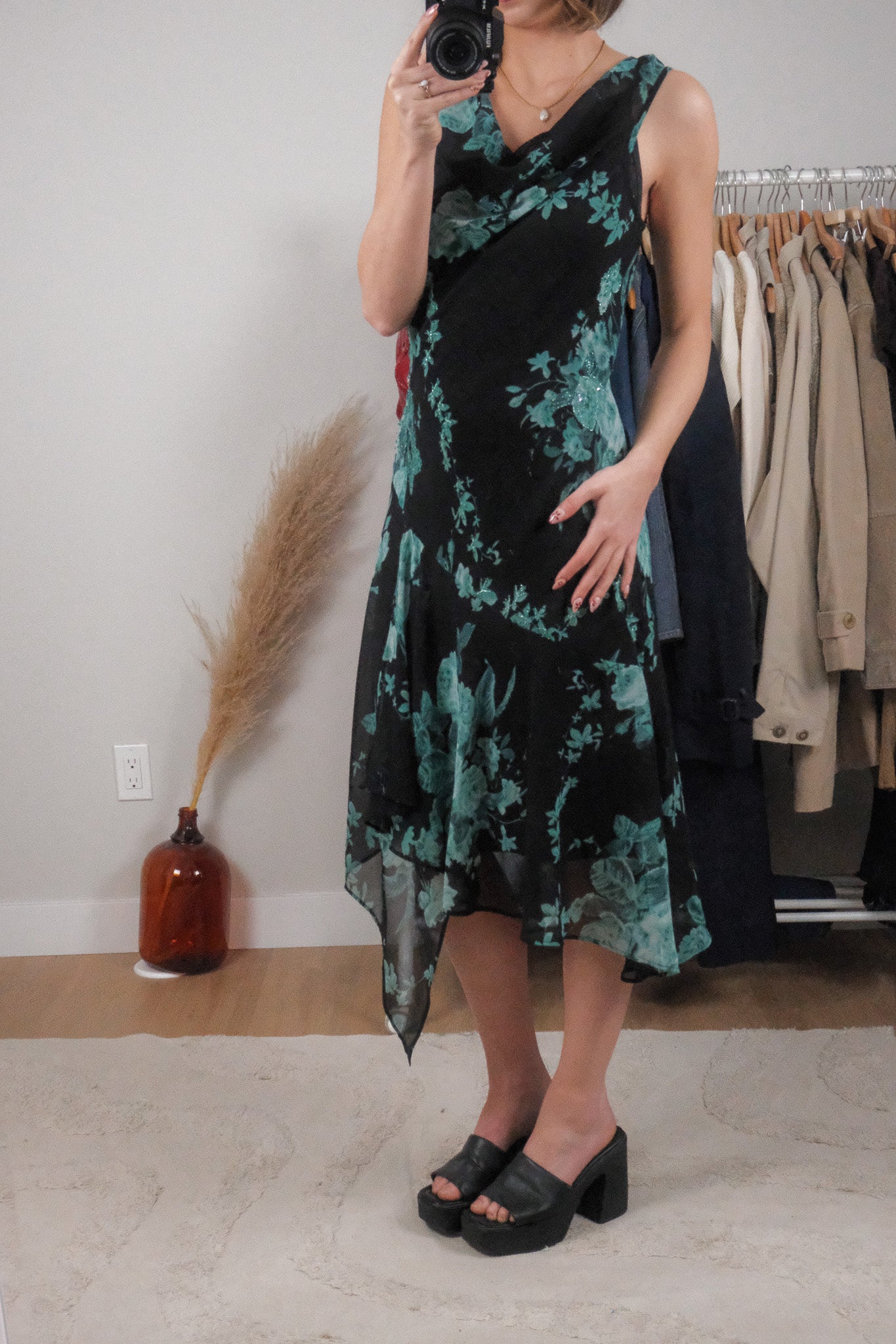 Vintage x Floral Beaded Cowl Neck Midi Dress (XL)