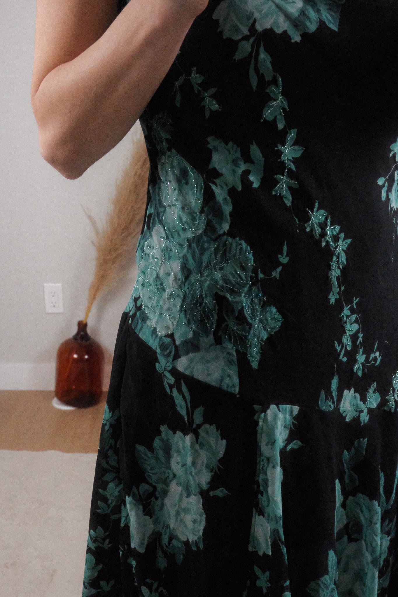 Vintage x Floral Beaded Cowl Neck Midi Dress (XL)