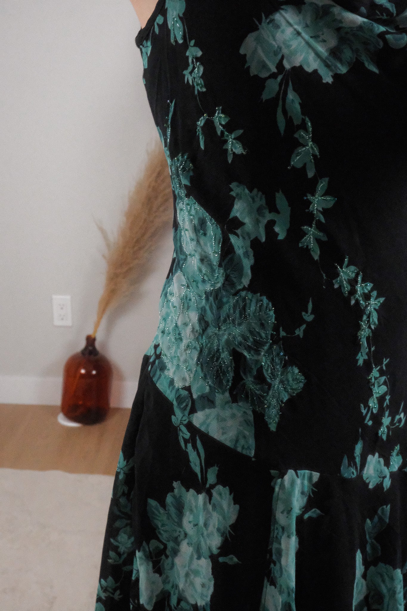 Vintage x Floral Beaded Cowl Neck Midi Dress (XL)