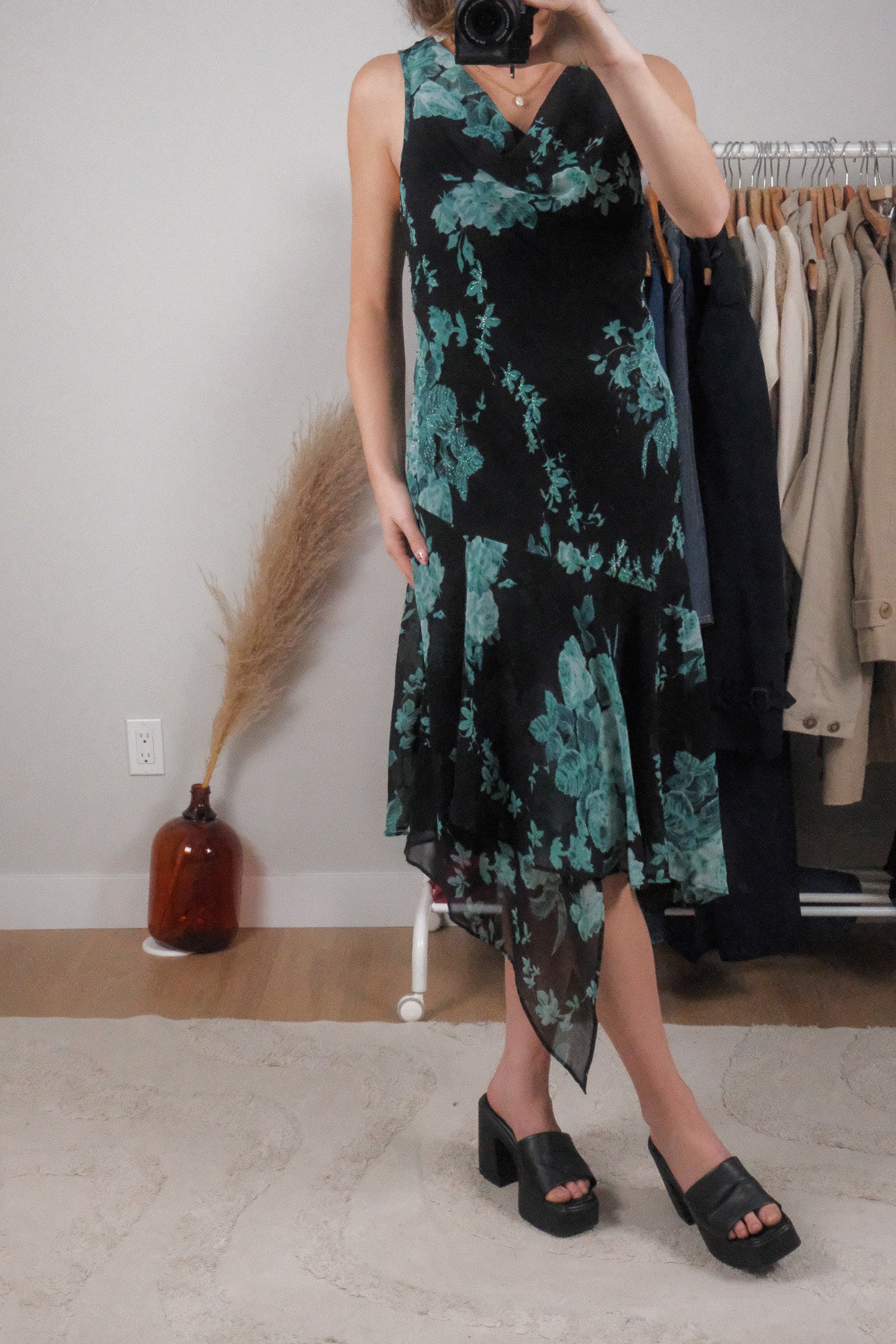 Vintage x Floral Beaded Cowl Neck Midi Dress (XL)