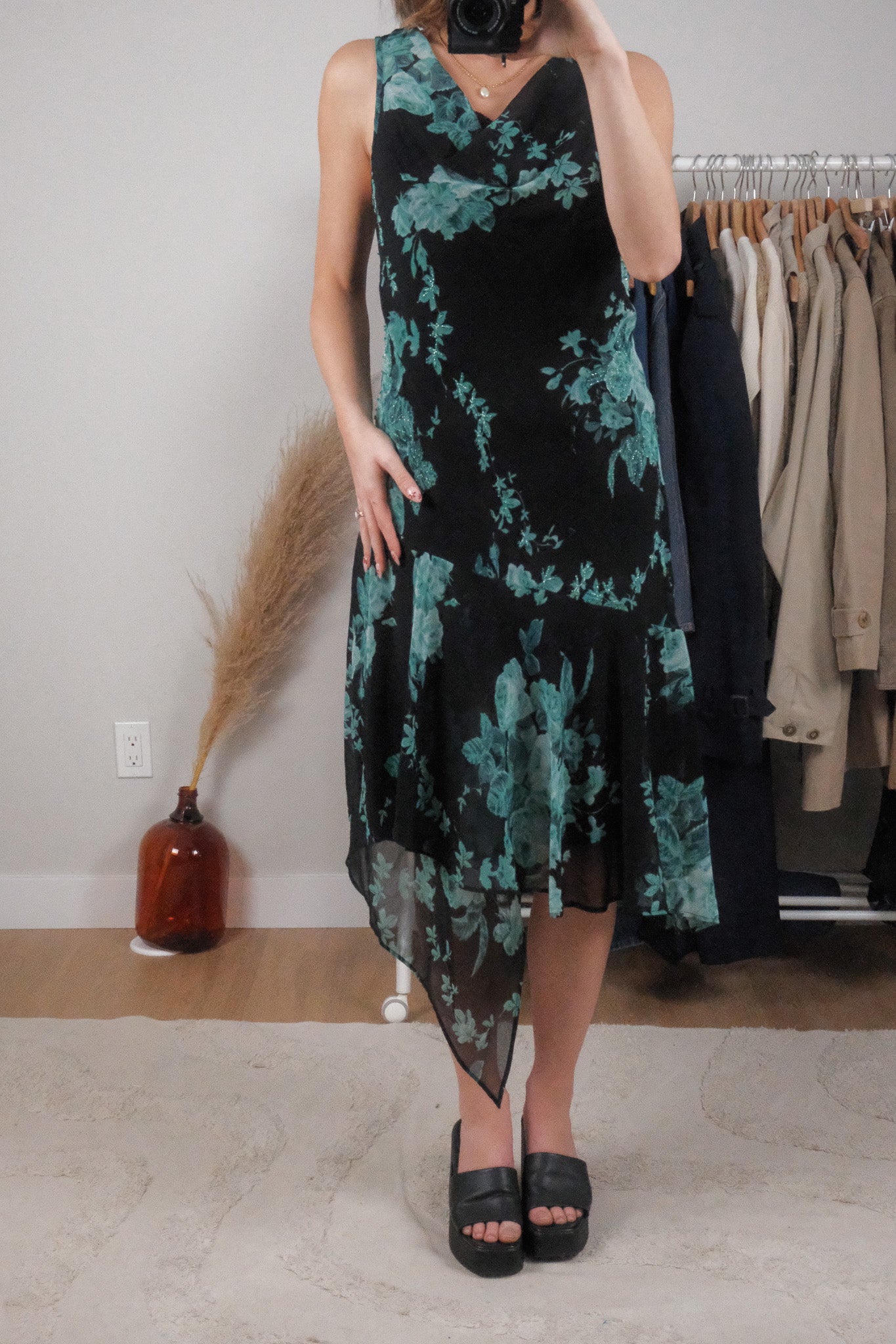 Vintage x Floral Beaded Cowl Neck Midi Dress (XL)