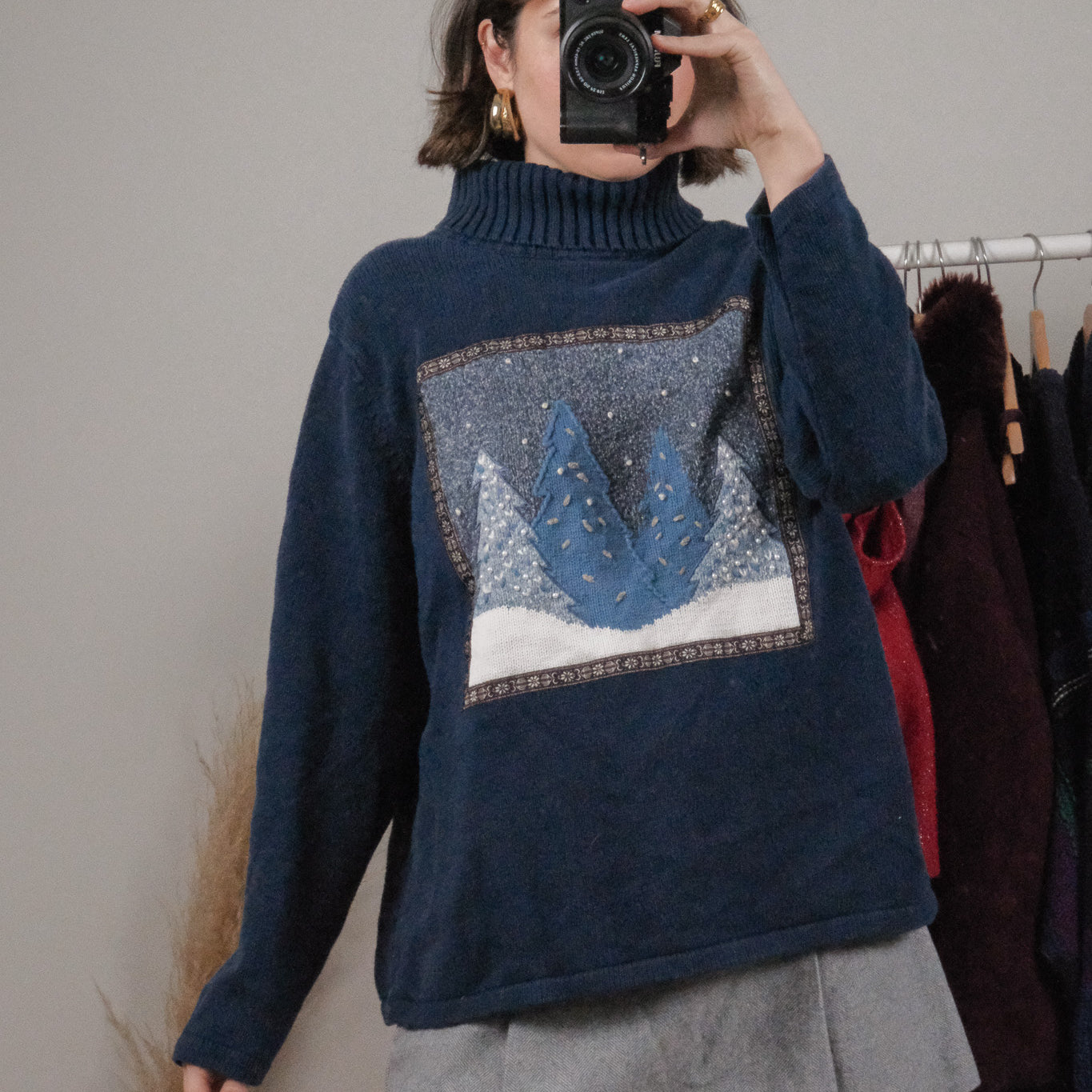 Vintage x Embroidered/Beaded Tree Turtleneck (M/L)