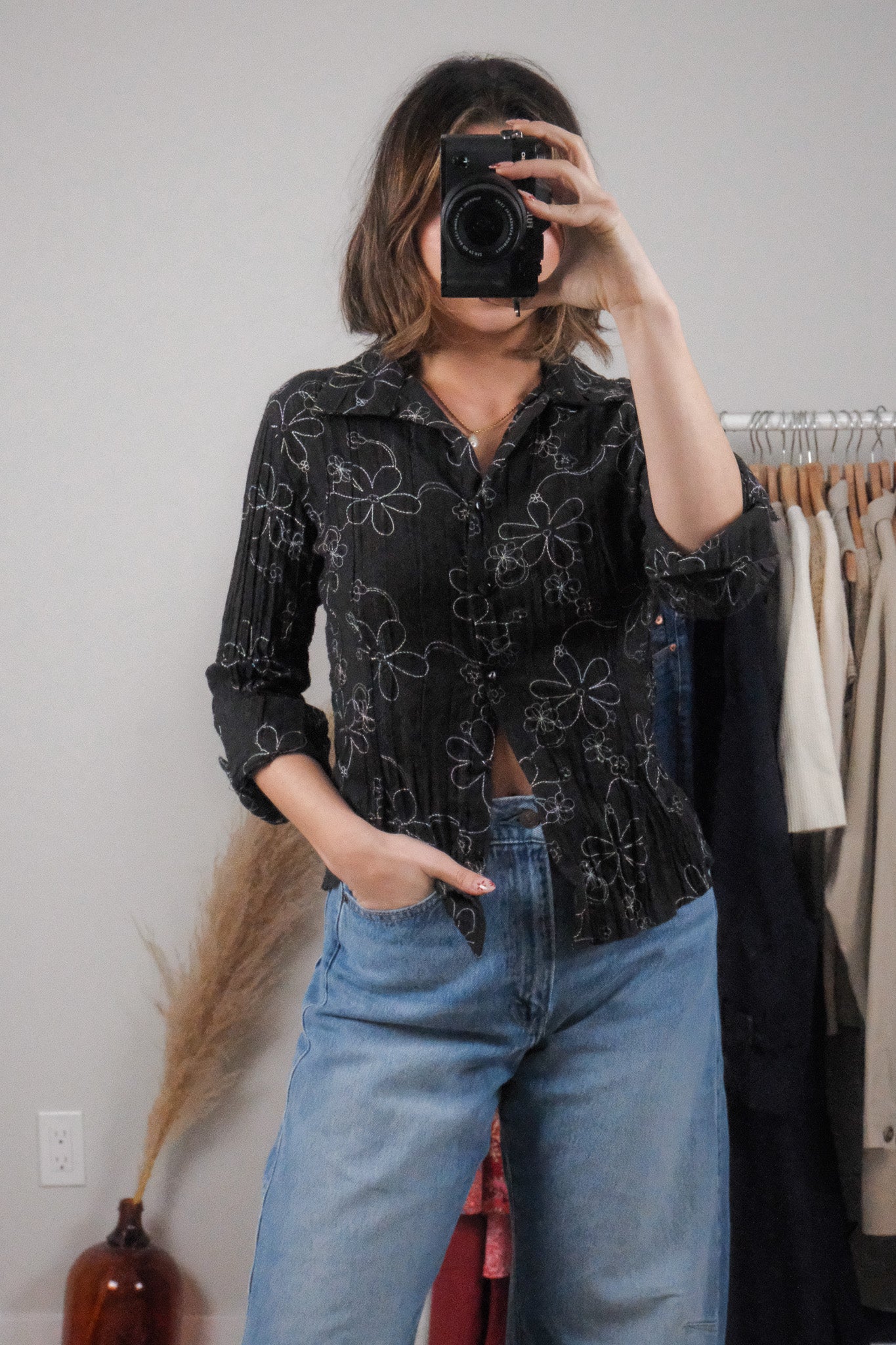Vintage x Flower Embroidered Shimmer Blouse (S)
