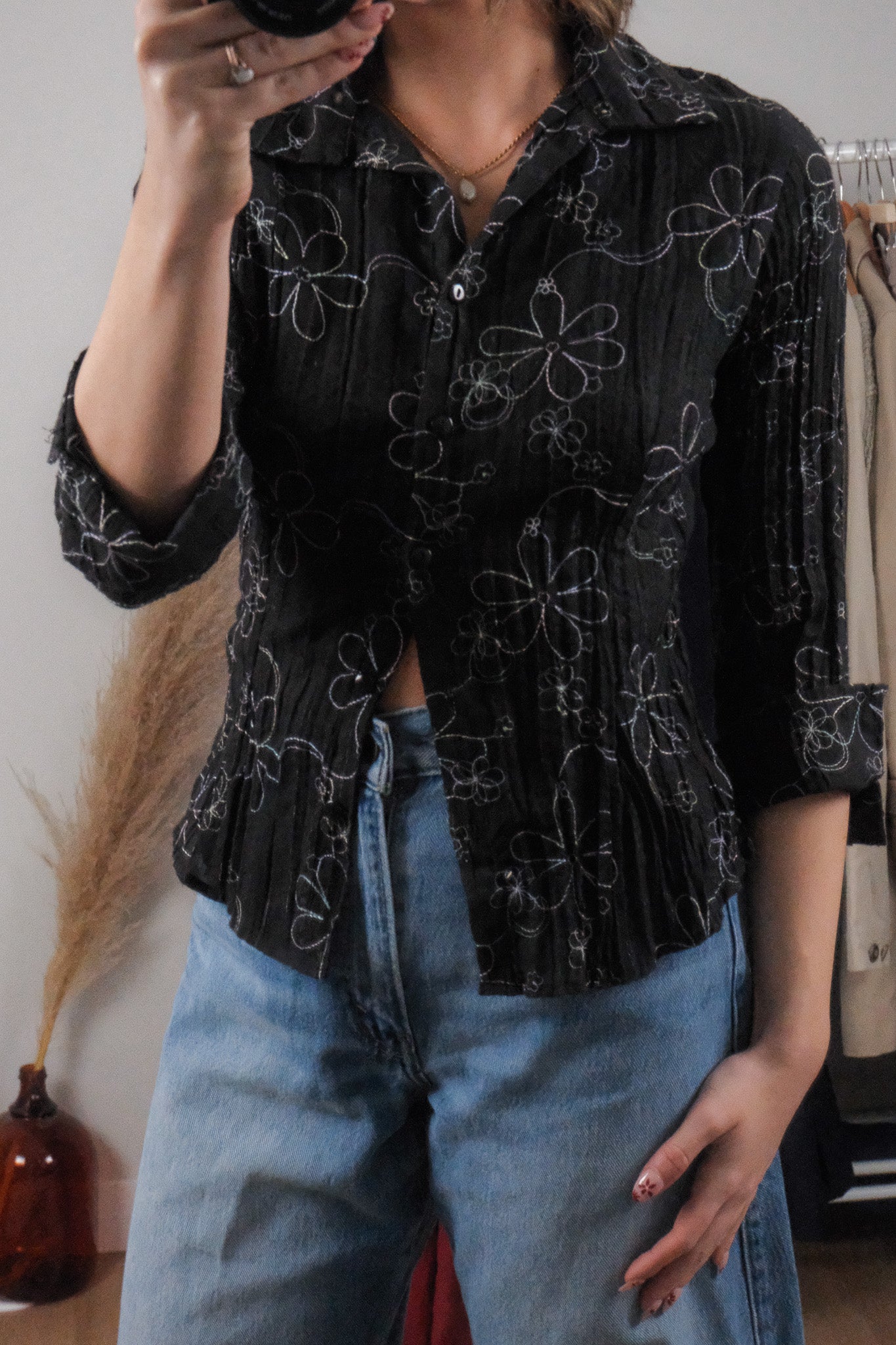 Vintage x Flower Embroidered Shimmer Blouse (S)