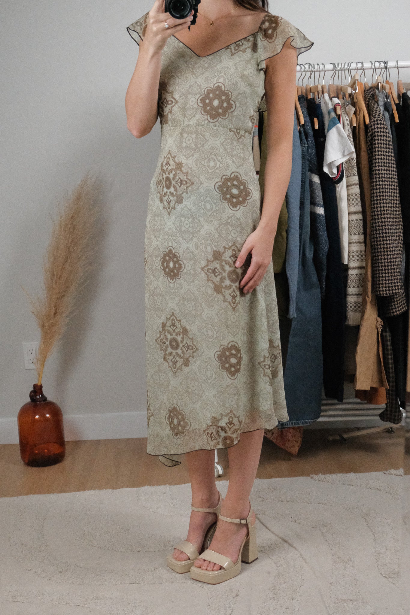 Vintage x Patterned Silk Midi Dress (S)